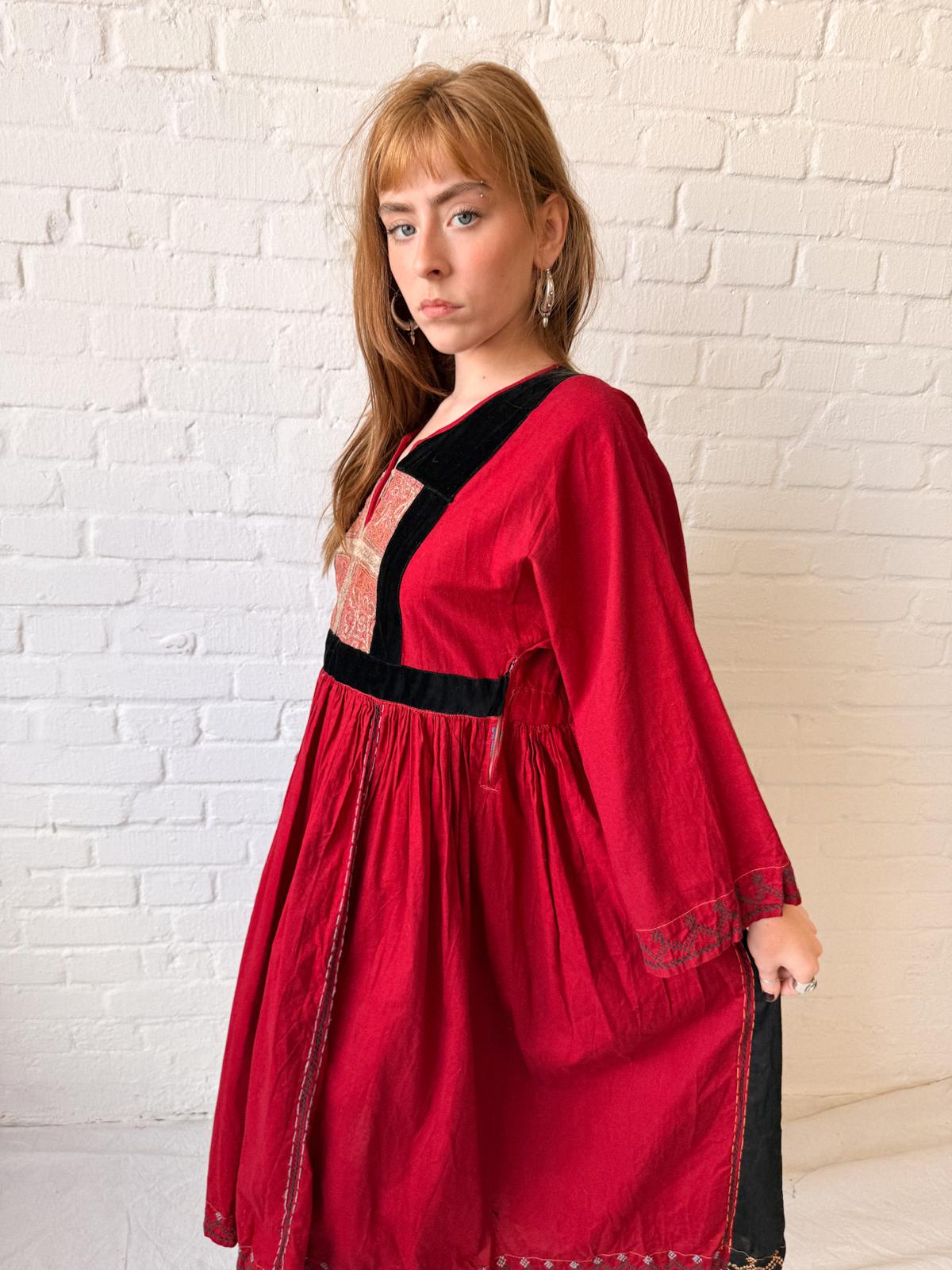 1970s Afghan Red Cotton Dress with Embroidered Yoke & Black Velvet