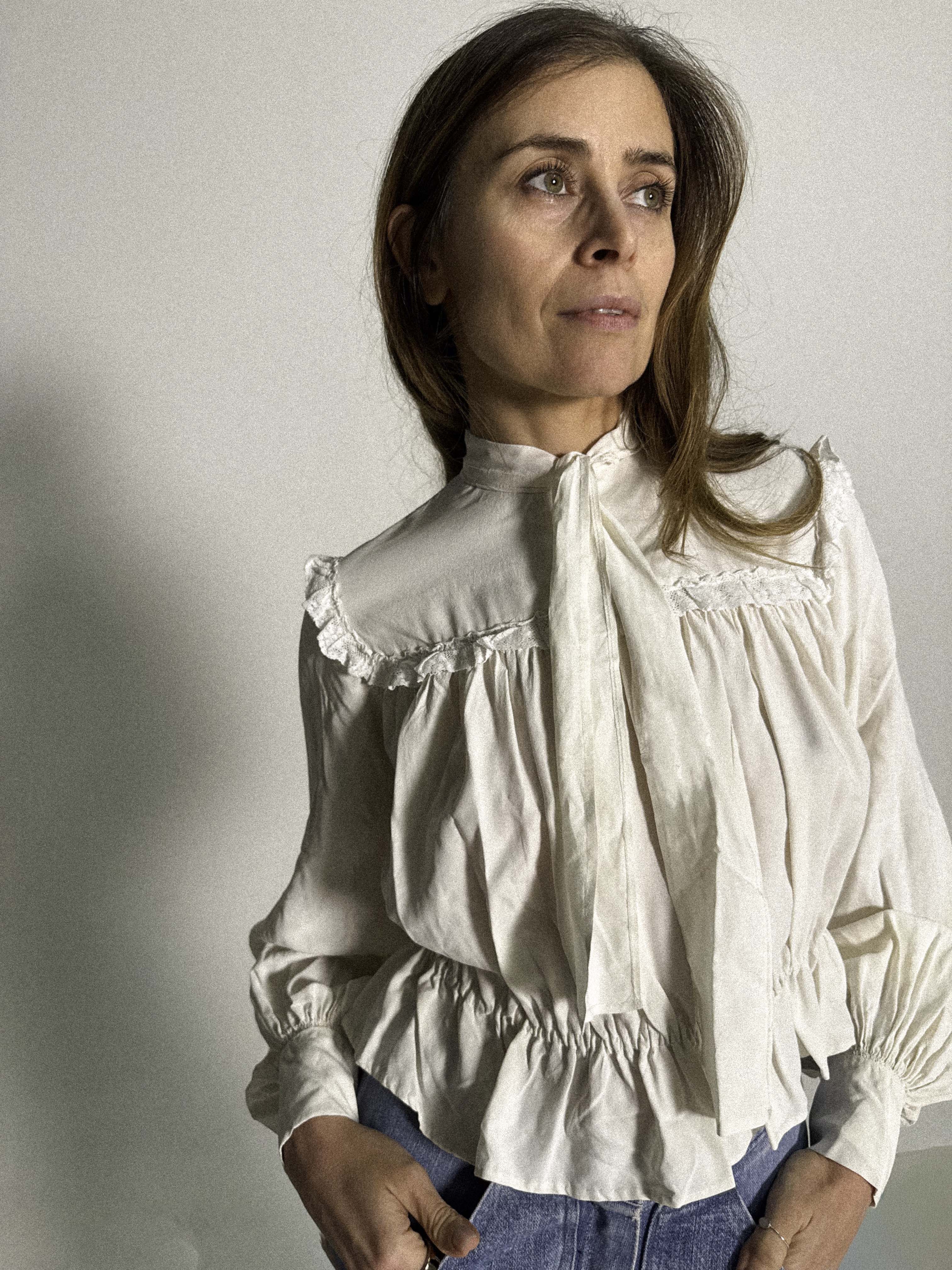 1930s Silk Blouse with Tie Neck and Softly Gathered Silhouette