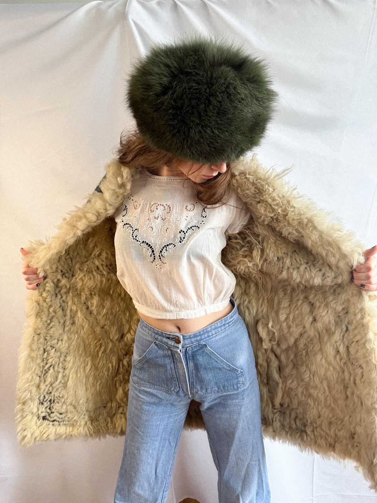 Authentic 1960s Afghan Sheepskin Hippie Coat with Hand Embroidery