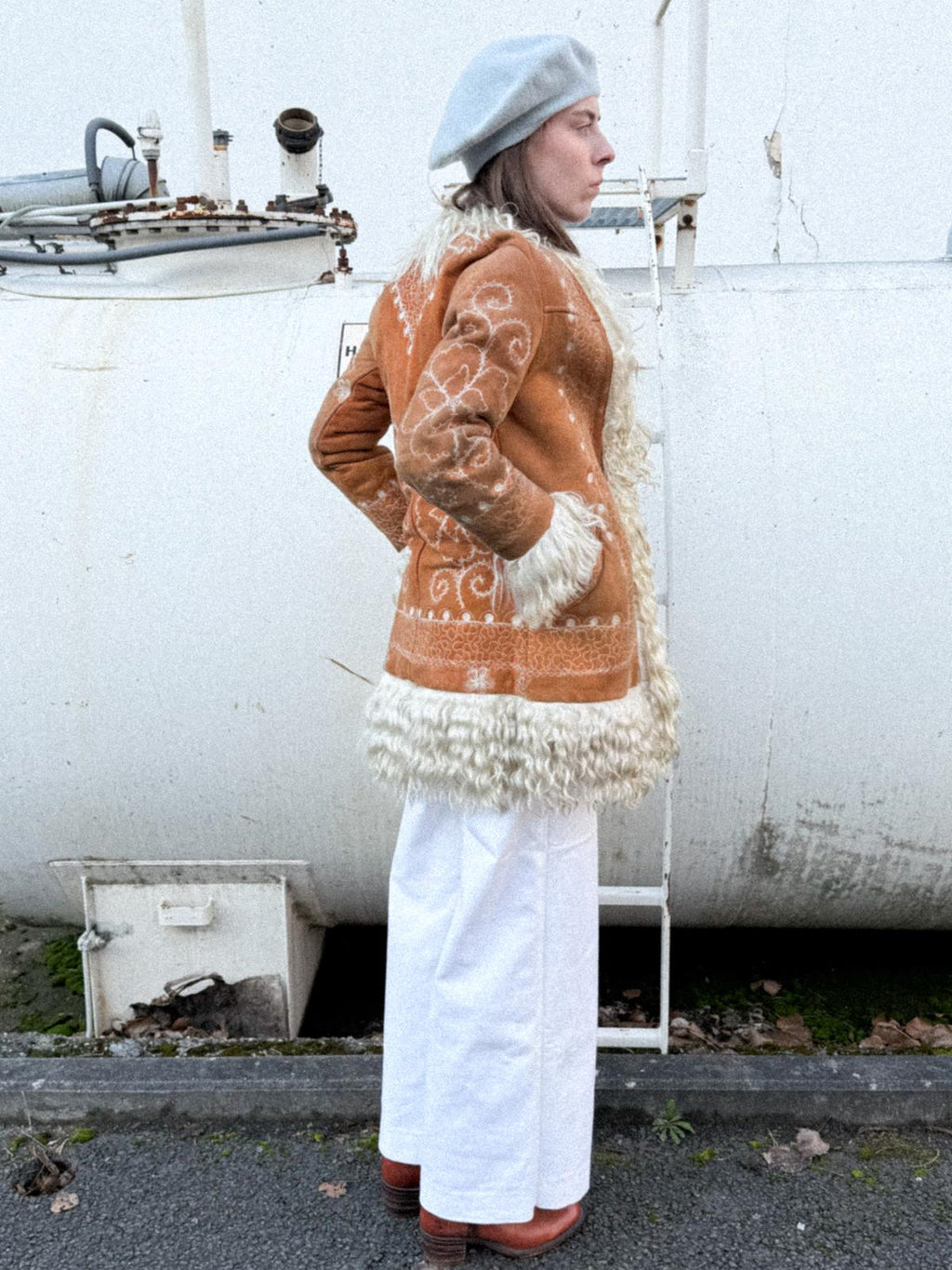 Rare 1960s/70s Afghan Penny Lane Sheepskin Hippie Coat with Floral Embroidery