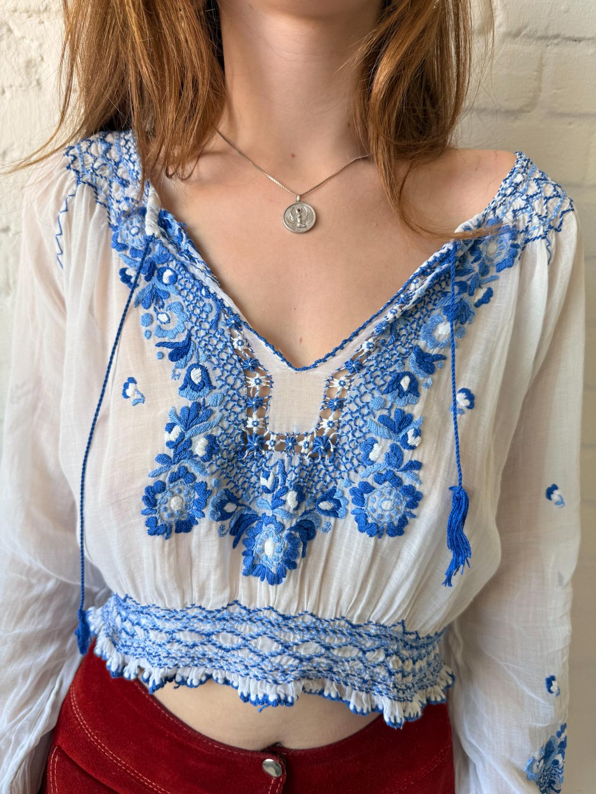 1930s–40s Eastern European Hand-Embroidered Cotton Batiste Blouse