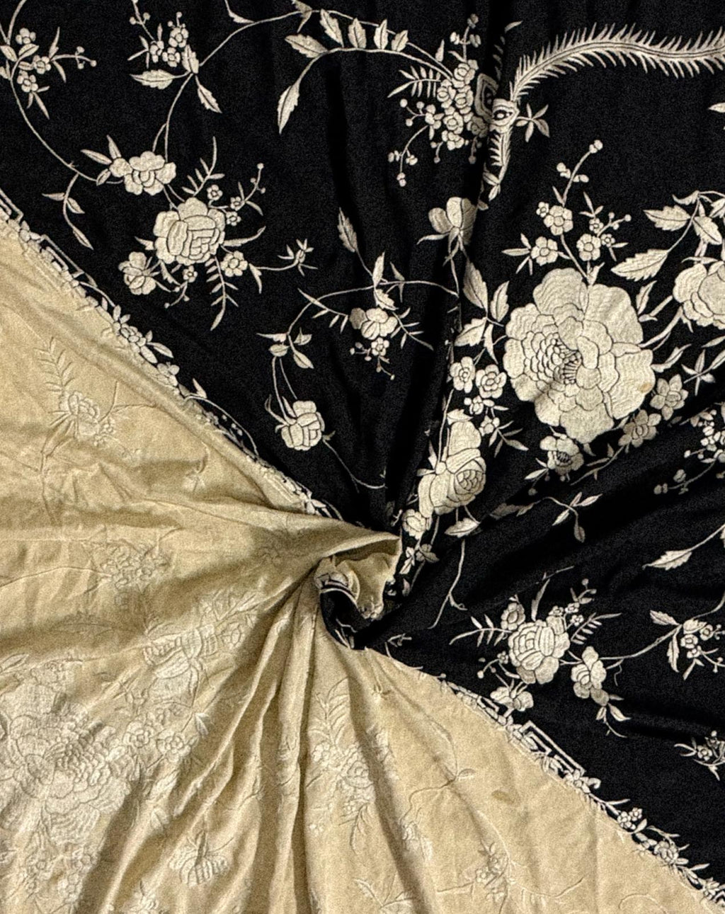1920s Black & Ivory “Yin-Yang” Embroidered Silk Piano Shawl