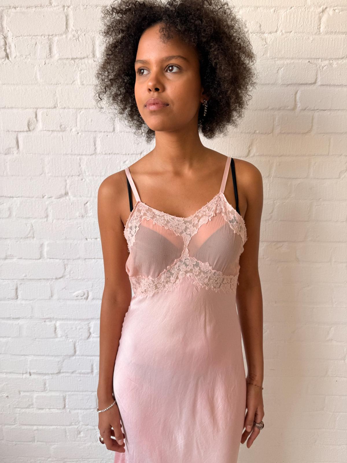 1930s–40s Bubblegum Pink Silk Satin Bias Cut Slip Dress with Lace