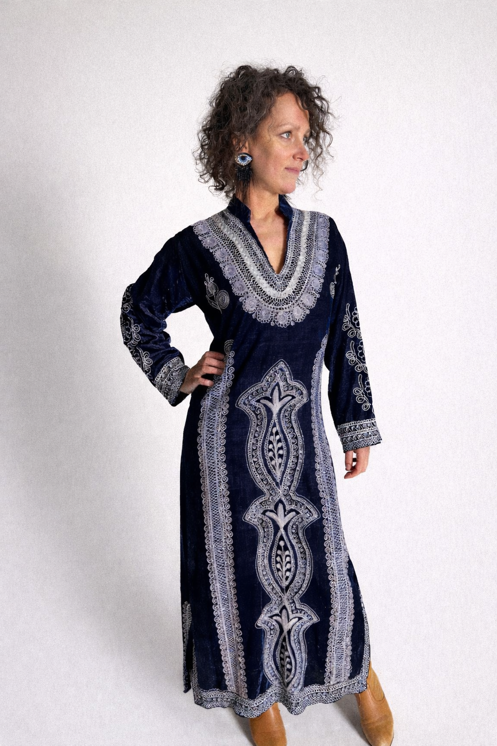 1970s Blue Velvet Moroccan Caftan