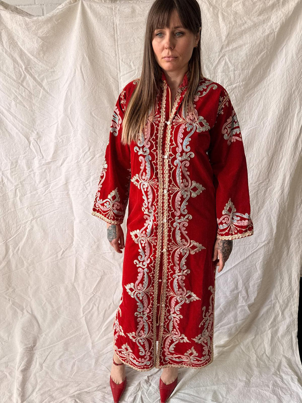 1970s Embellished Red Morroccan Velvet Caftan Coat