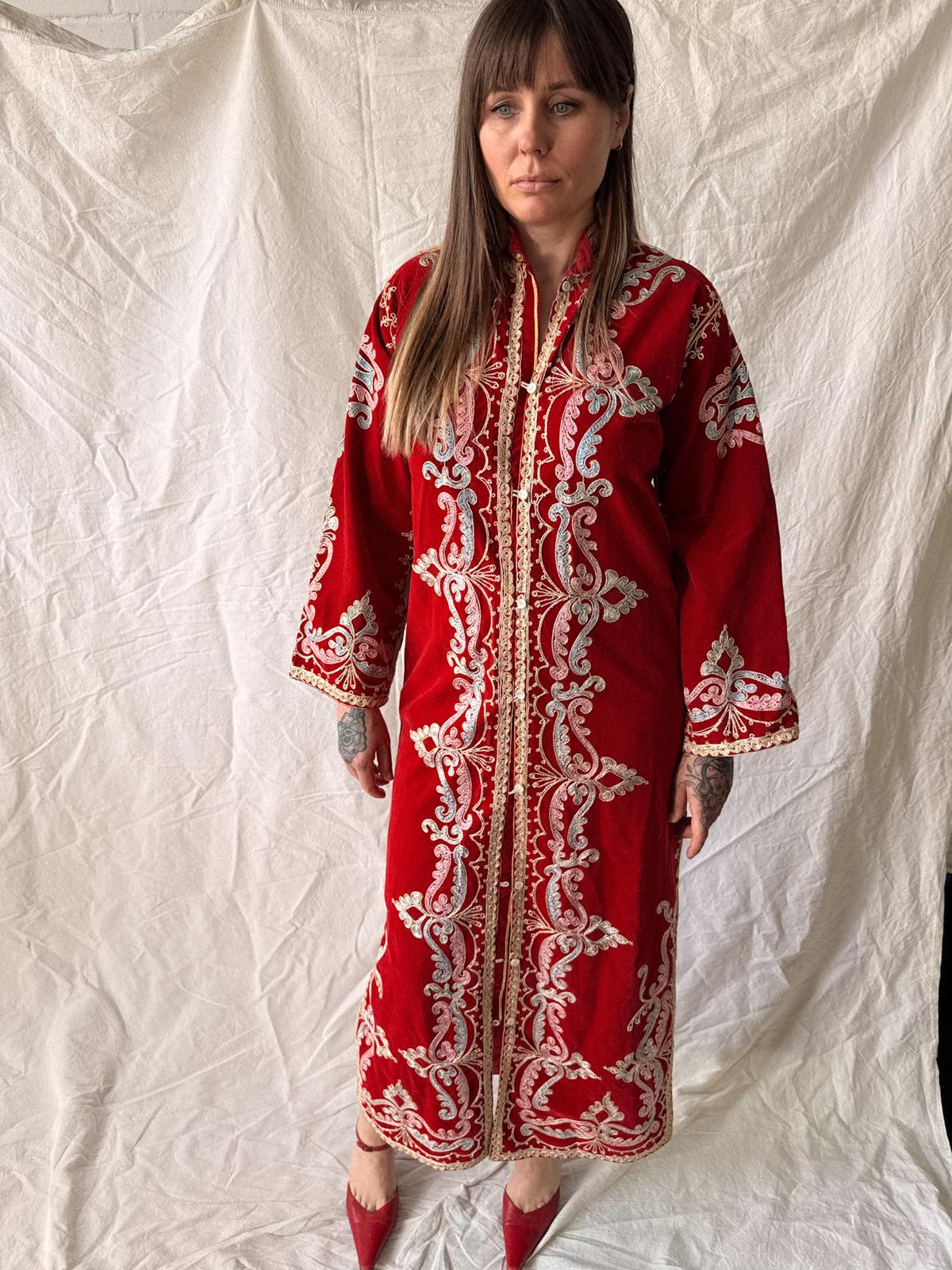 1970s Embellished Red Morroccan Velvet Caftan Coat