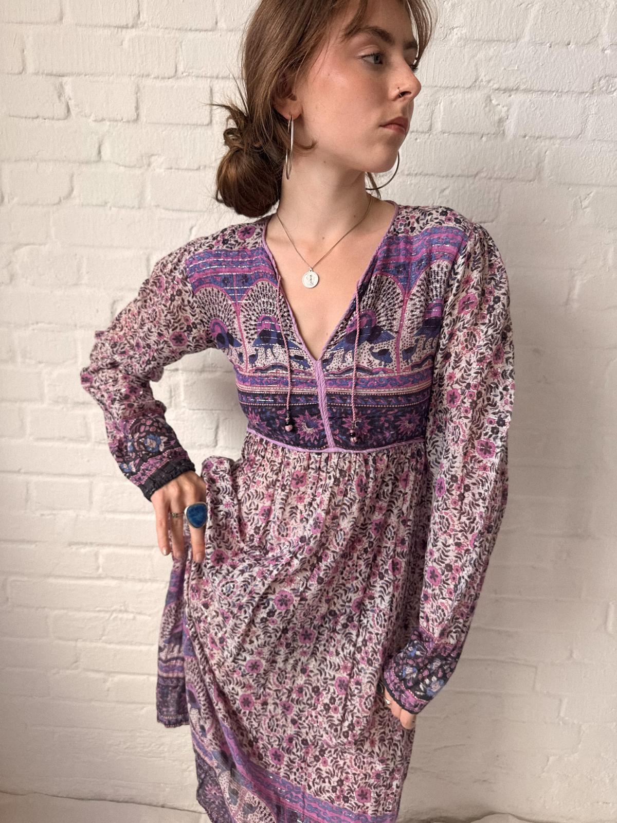 1970s Indian Cotton Gauze and Lurex Peacock Print Dress
