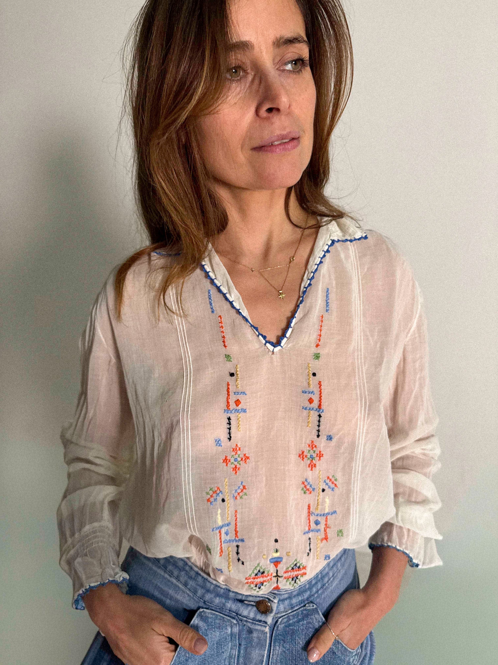 1930s Embroidered Cotton Gauze Blouse