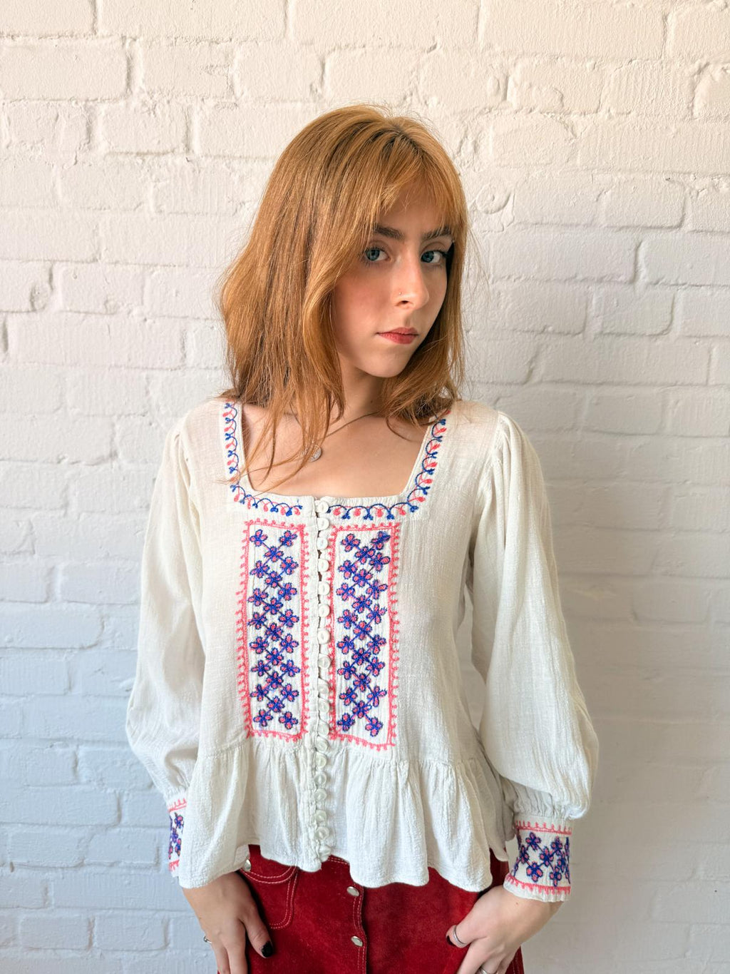 1960s–70s Embroidered Cotton Cheesecloth Peplum Blouse