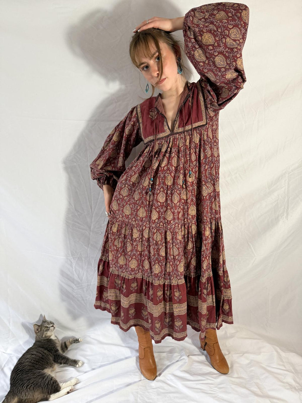 1970s Indian Block Print Cotton Dress with Tiered Skirt and Beaded Tassels