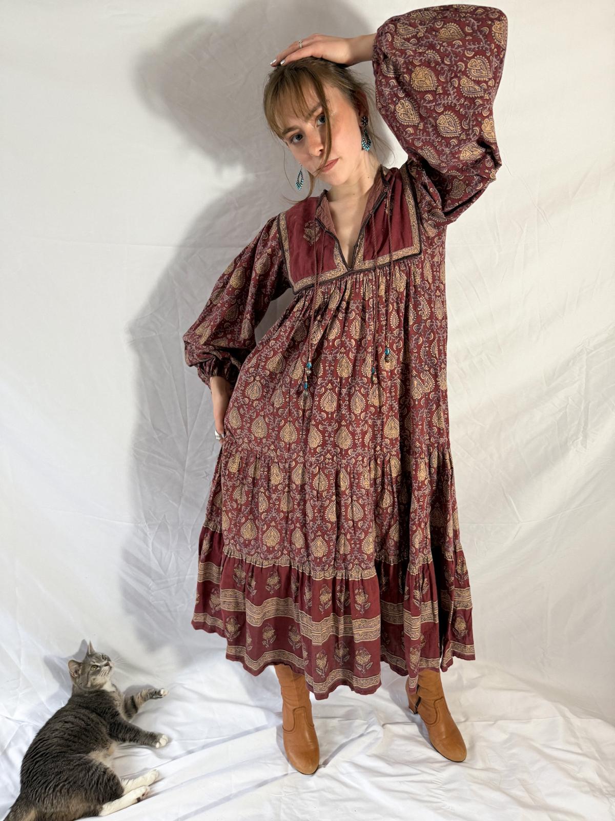 1970s Indian Block Print Cotton Dress with Tiered Skirt and Beaded Tassels