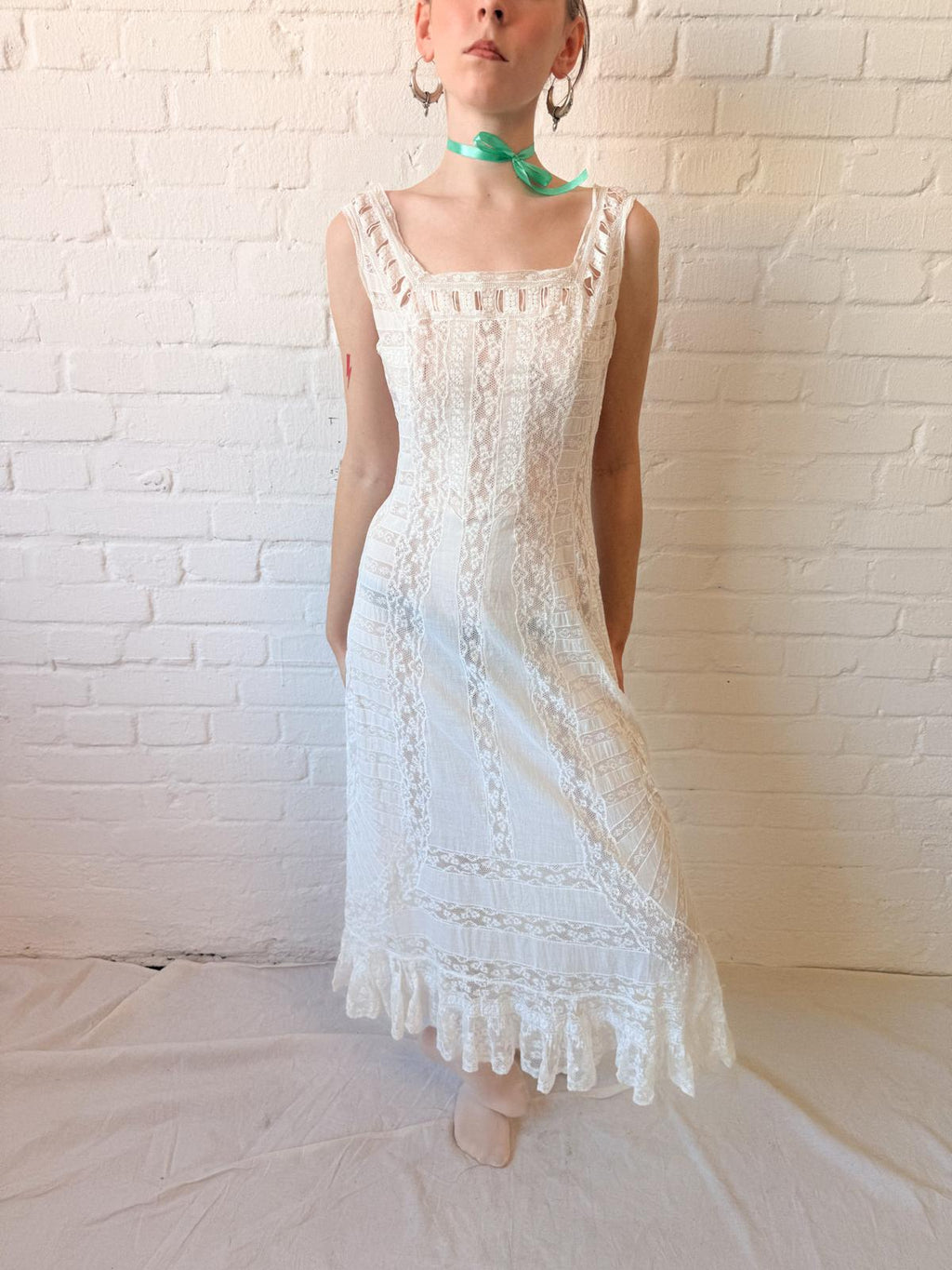 Antique 1910s Edwardian Lace Lingerie Dress – White Cotton & Lace Wedding Dress