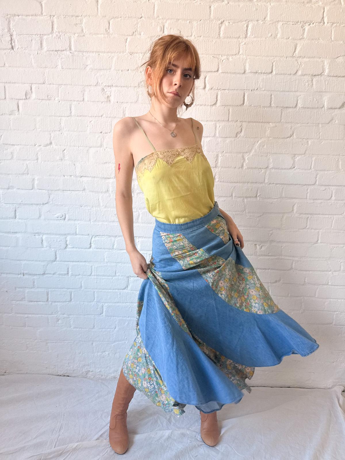 1970s Asymmetrical Patchwork Chambray & Floral Maxi Skirt