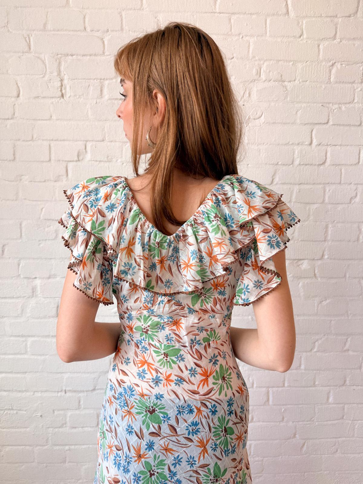 1930s Floral Cotton Voile Dress with Ruffled Neckline and Matching Belt