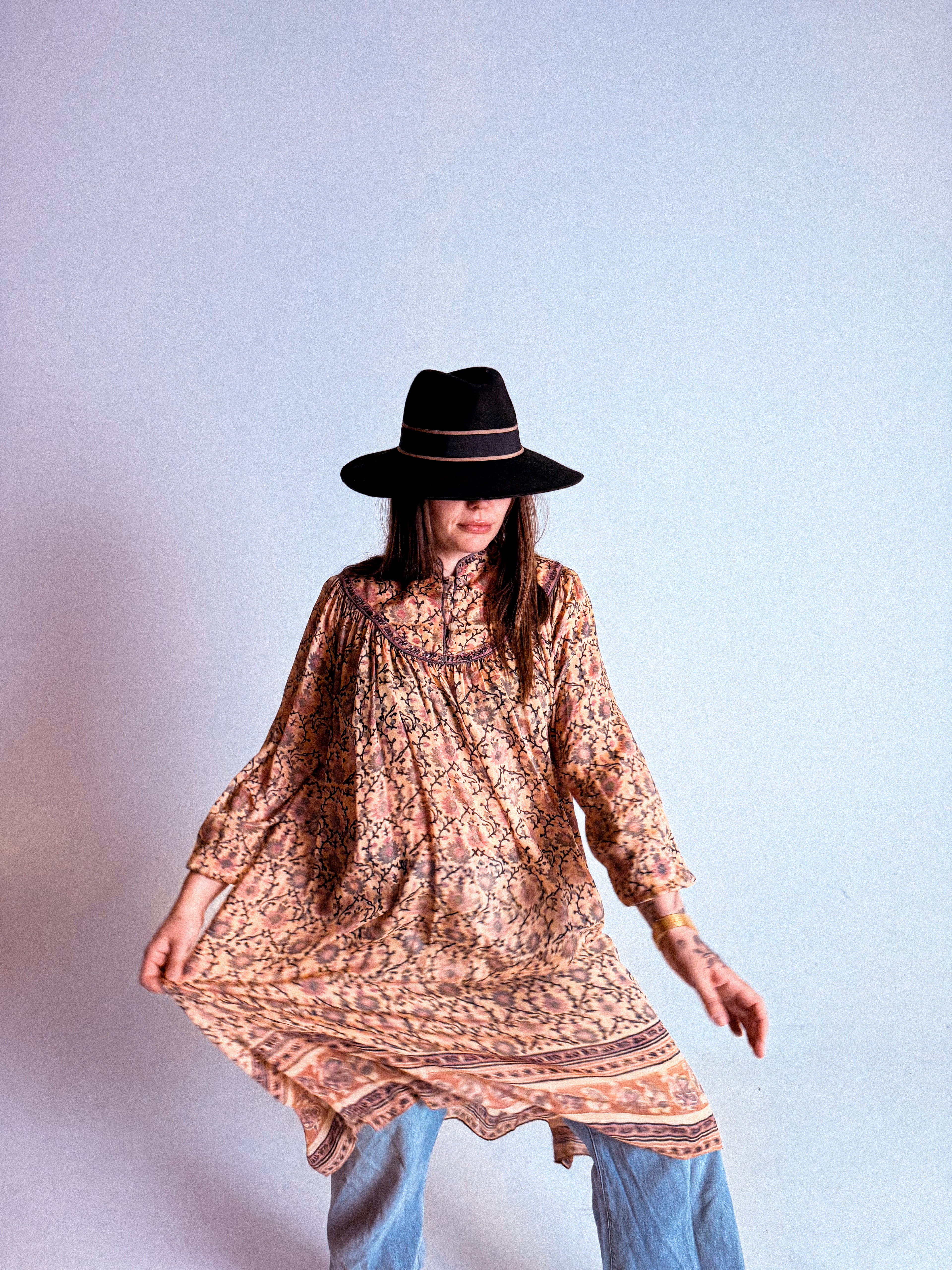 1970s Rare Phool 100% Silk Blockprint Tunic Dress- Free-Size