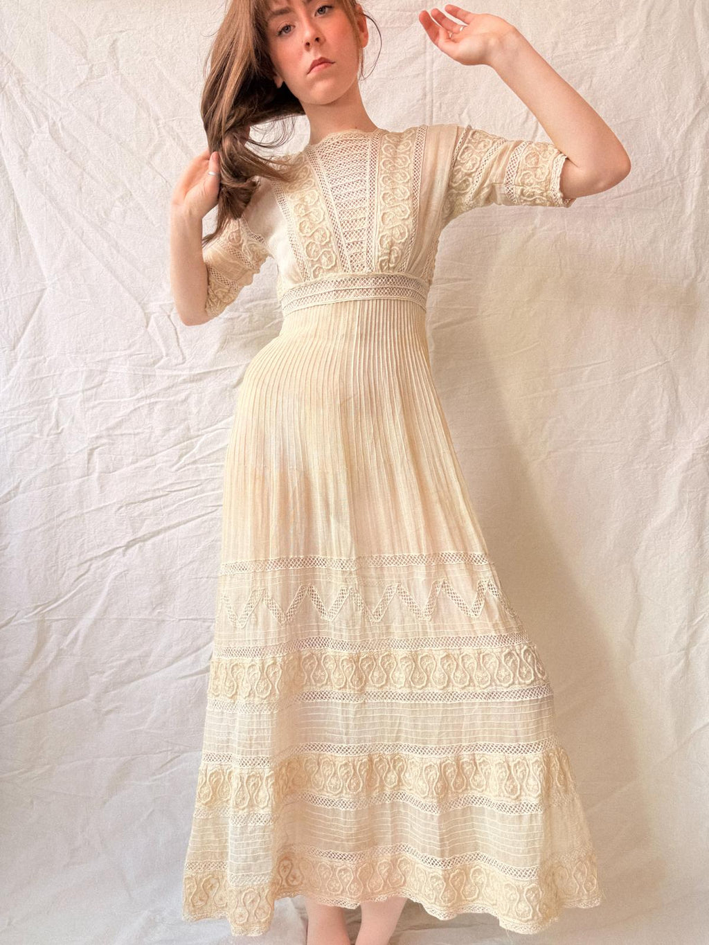 Edwardian Soutache & Lace Gauze Dress | Antique Cream Cotton Dress | Edwardian Lawn Dress | c. 1905–1915