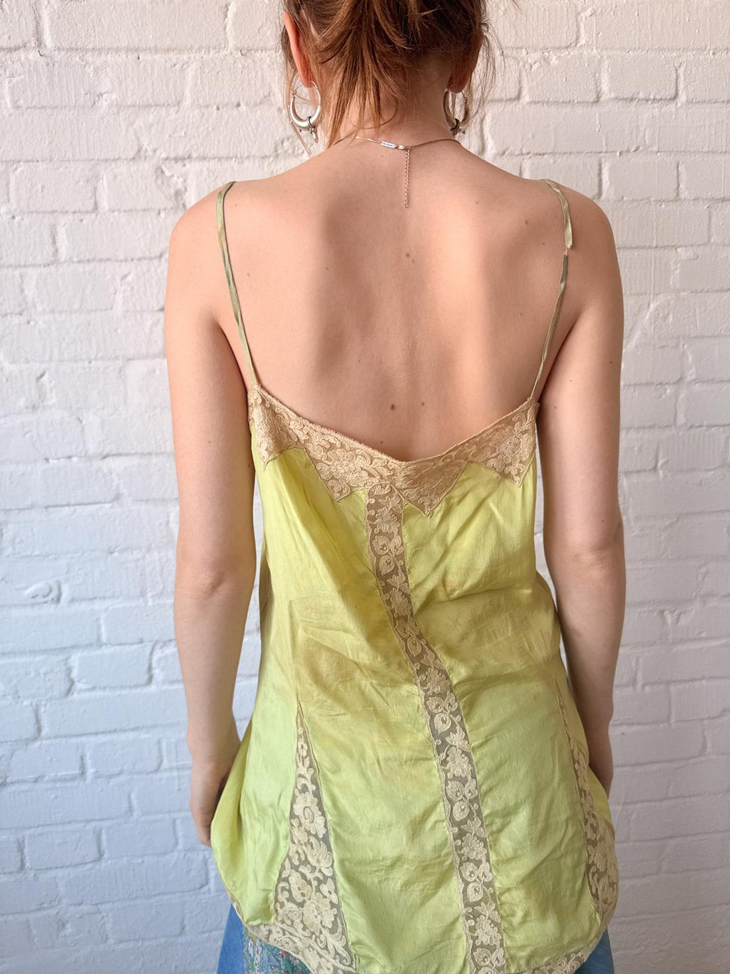 Antique 1920s Chartreuse Silk Lingerie Slip with Lace￼