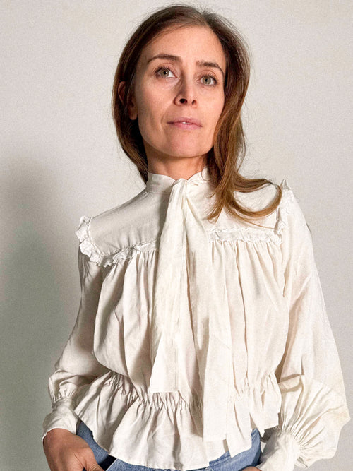 1930s Silk Blouse with Tie Neck and Softly Gathered Silhouette