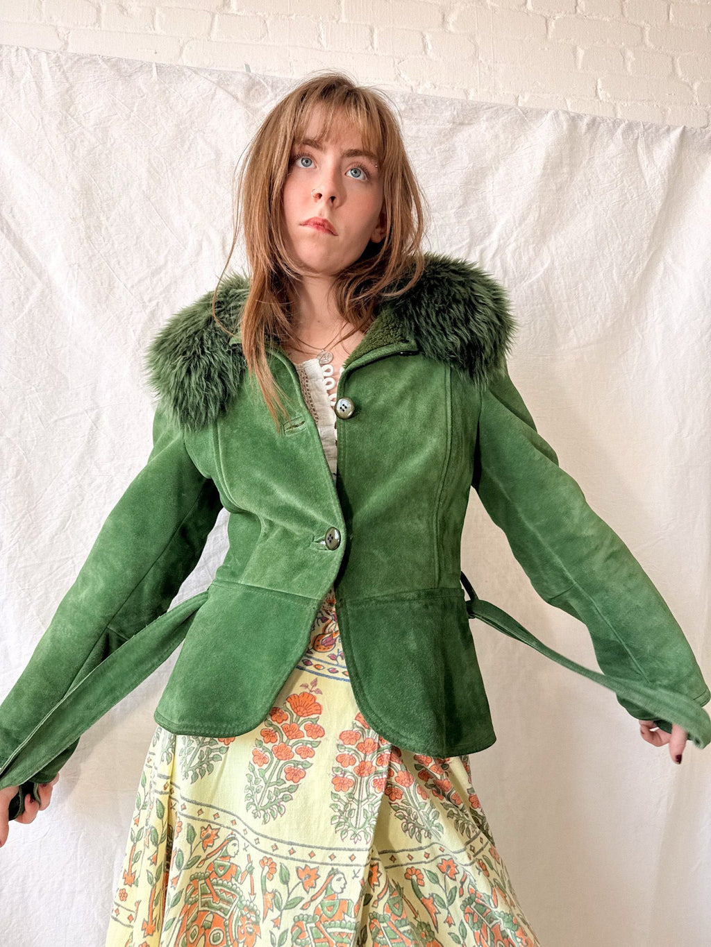 Vintage 1970s Emerald Green Suede Jacket with Toscana Fur Collar by Giles Bret