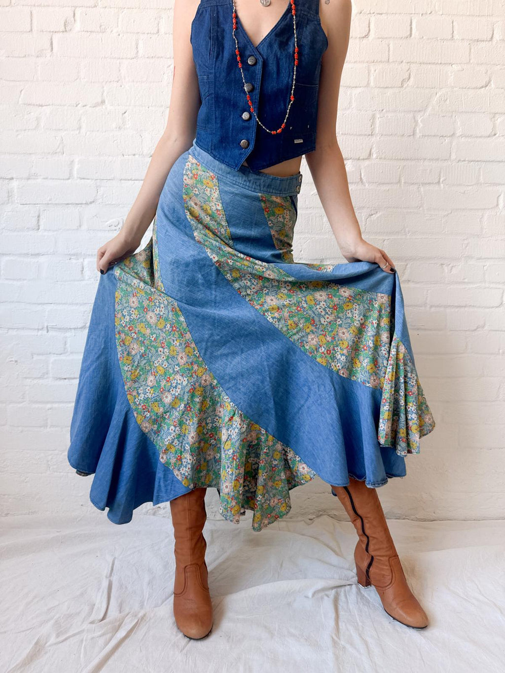 1970s Asymmetrical Patchwork Chambray & Floral Maxi Skirt