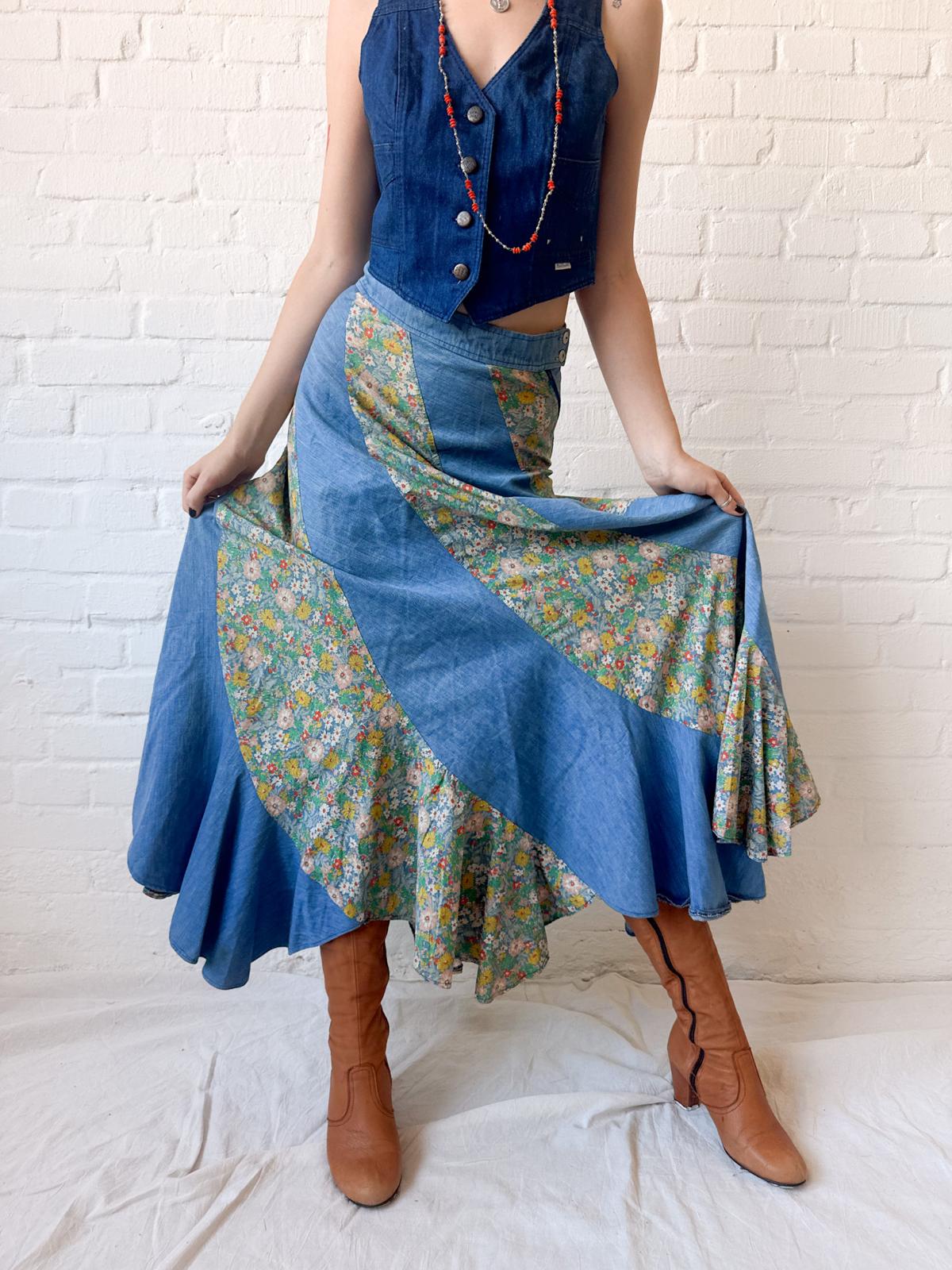 1970s Asymmetrical Patchwork Chambray & Floral Maxi Skirt