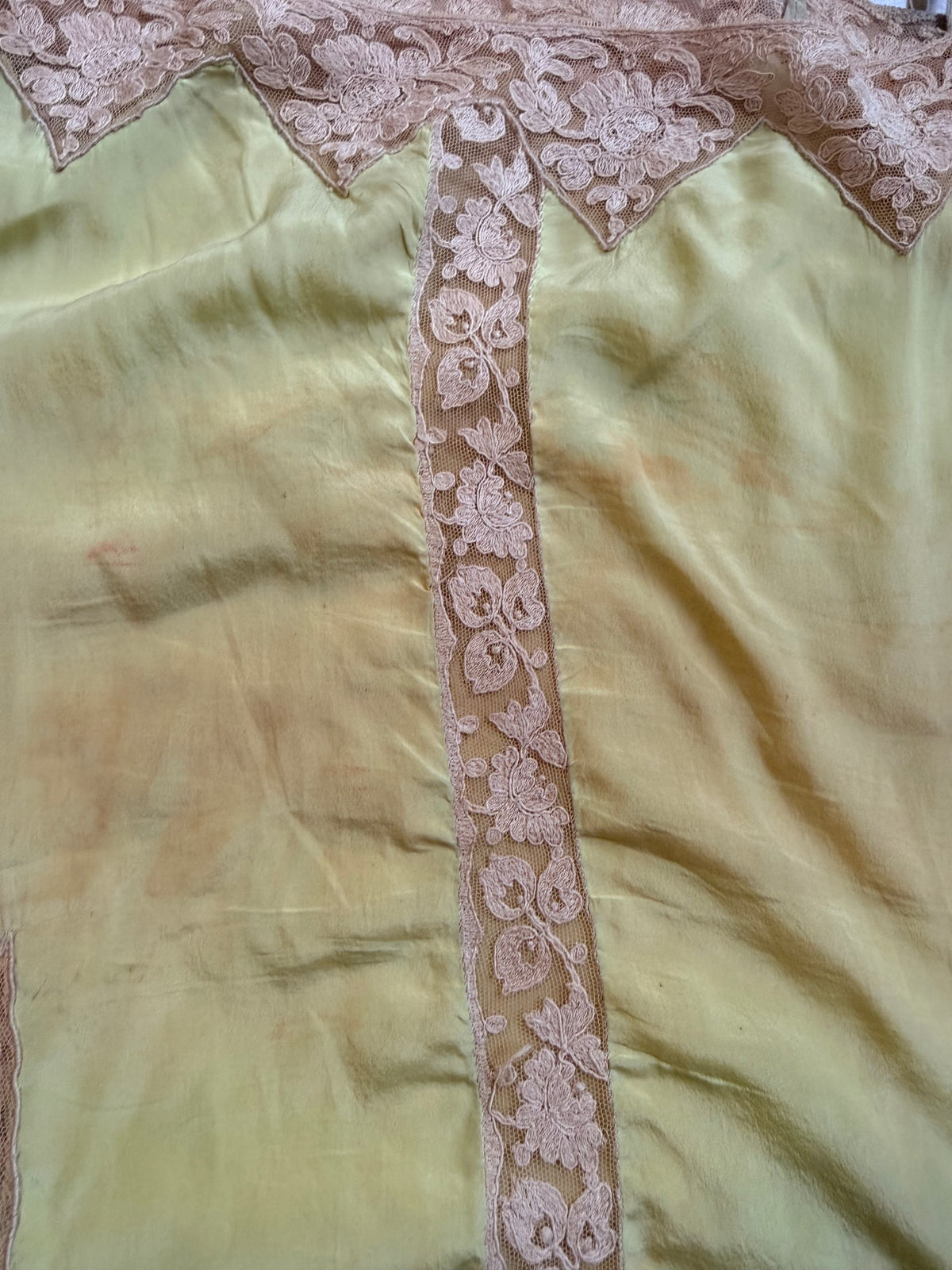 Antique 1920s Chartreuse Silk Lingerie Slip with Lace￼