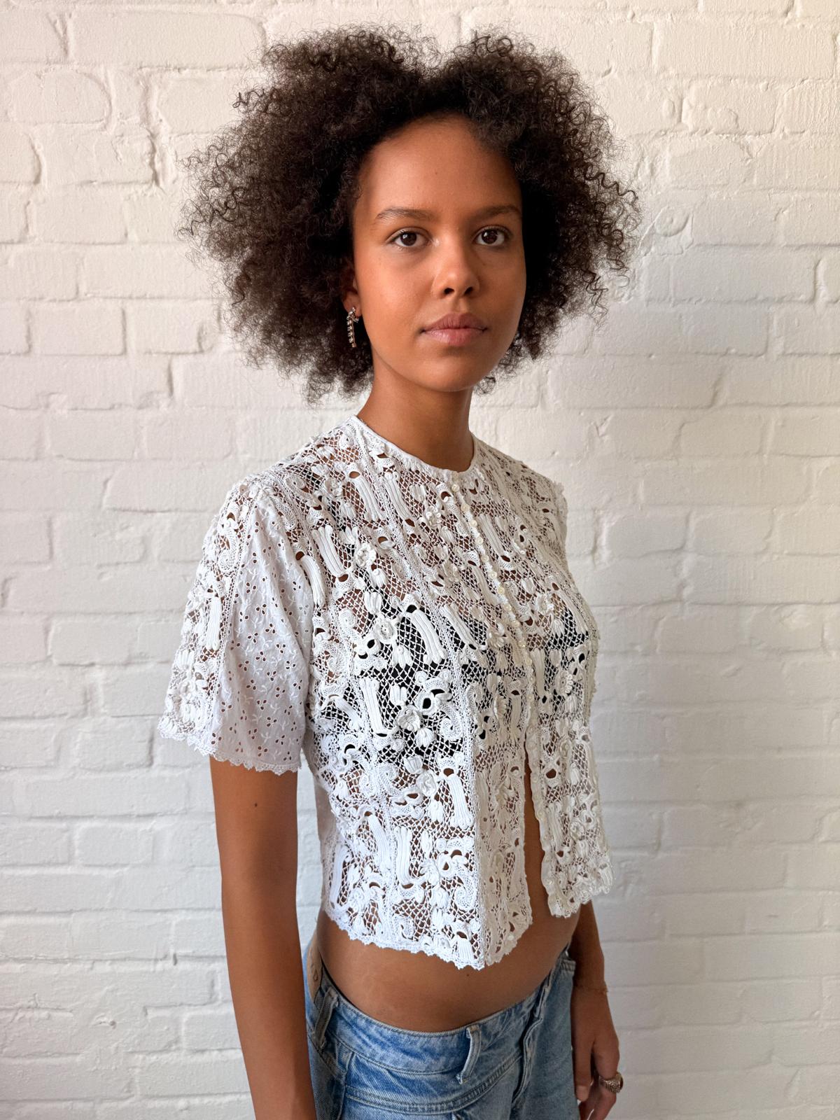 Edwardian 1900s–1910s Handmade Irish Crochet Guipure Lace & Broderie Anglaise Blouse