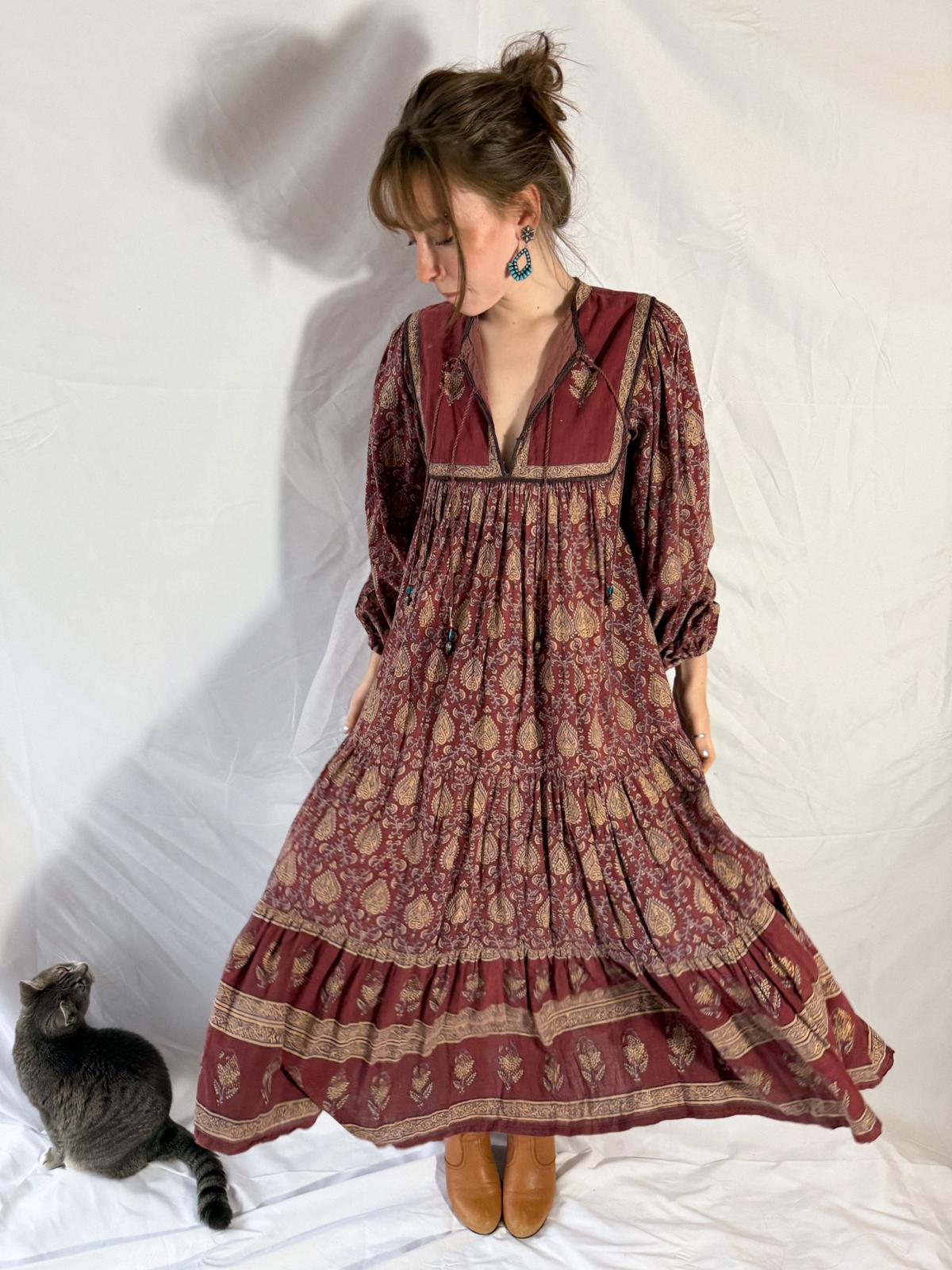 1970s Indian Block Print Cotton Dress with Tiered Skirt and Beaded Tassels