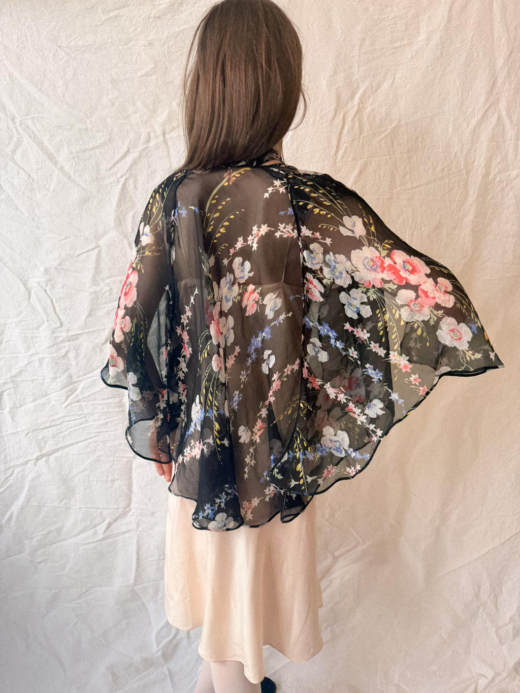 1930s Floral Silk Chiffon Cape Jacket/Bolero