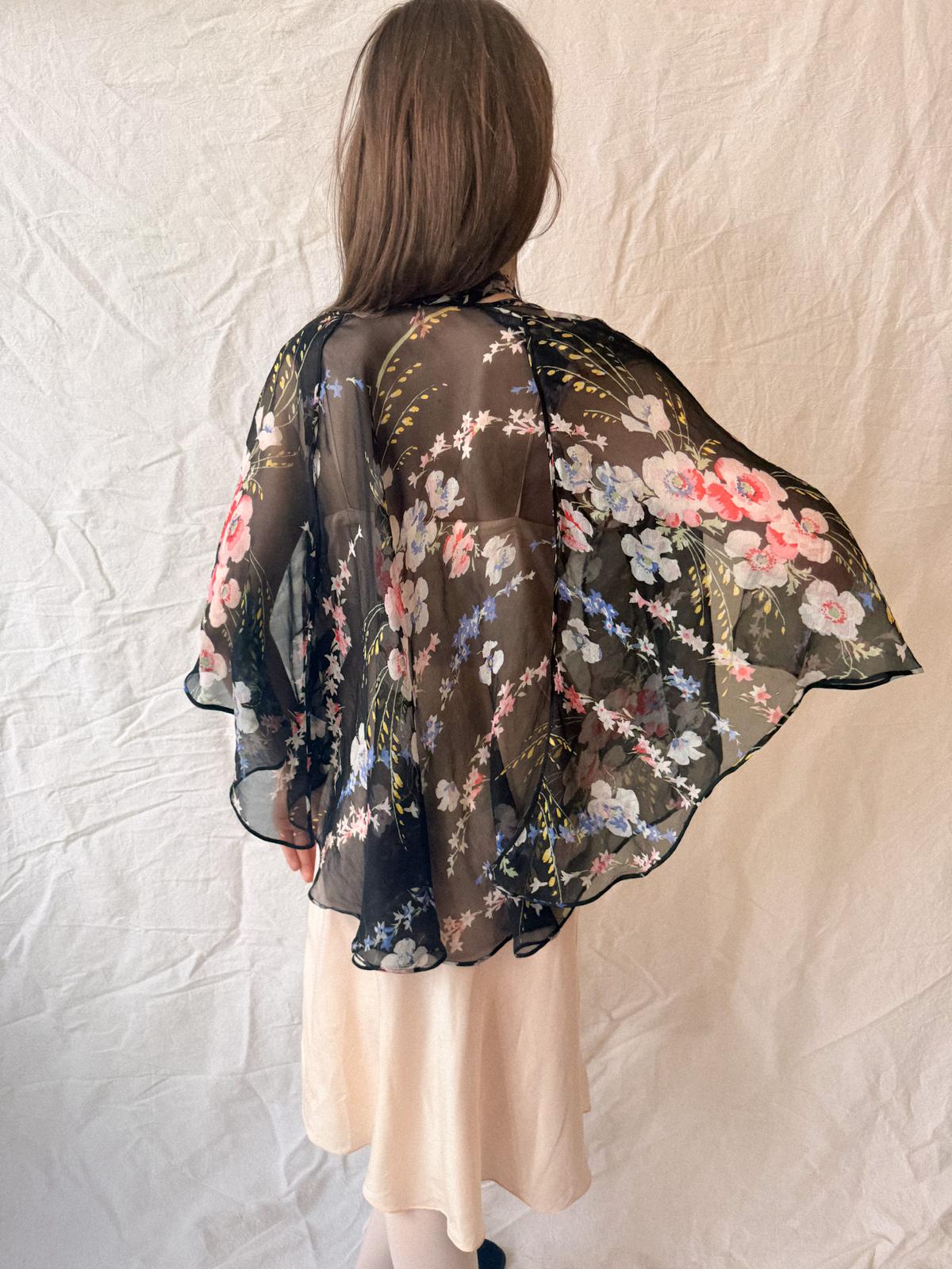 1930s Floral Silk Chiffon Cape Jacket/Bolero