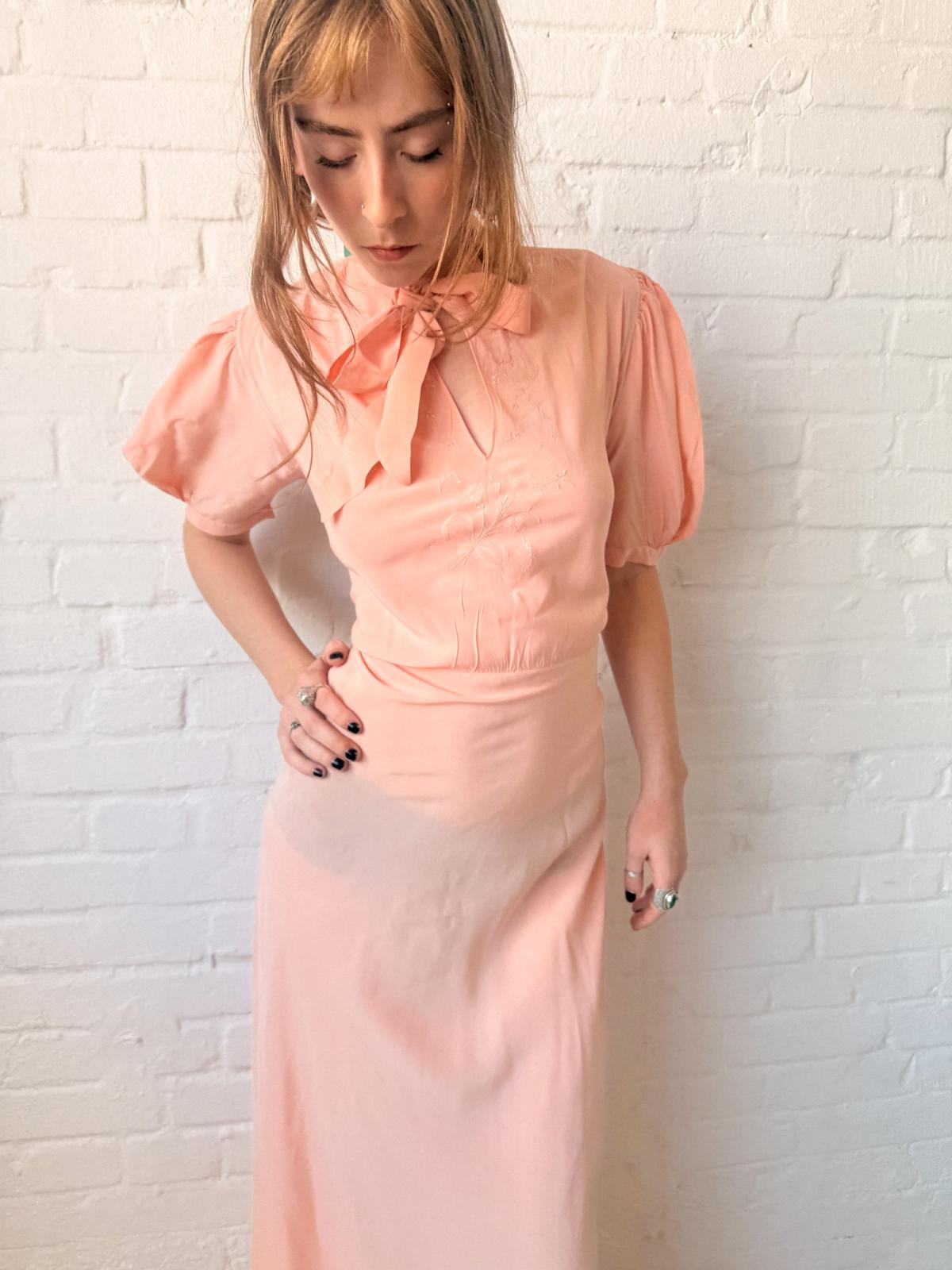 1930s Salmon Pink Silk Bias Cut Maxi Nightgown with Pussy Bow & Embroidery