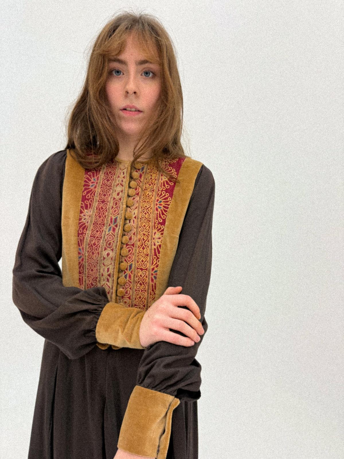 1960s–1970s Bohemian Folkloric Dress with Afghan-Inspired Embroidered Velvet Bodice
