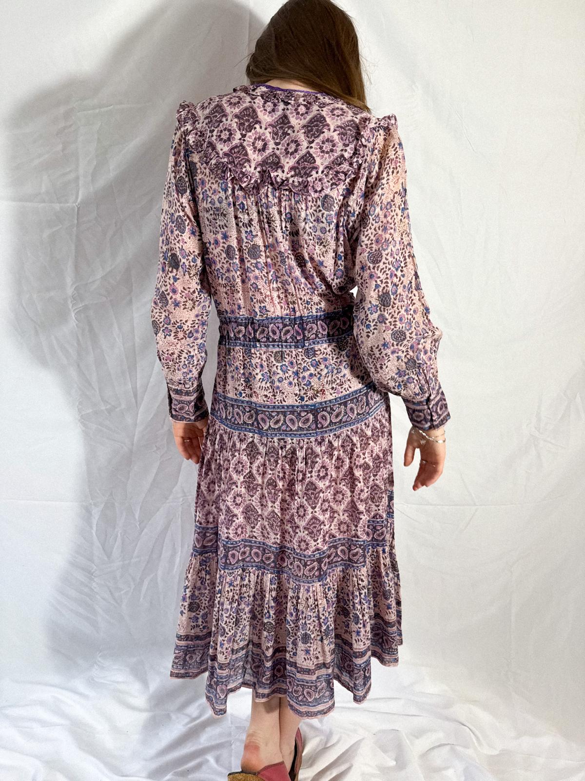1970s Indian Cotton Gauze Block Print Prairie-Style Dress with Ruffled Neckline and Drawstring Waist
