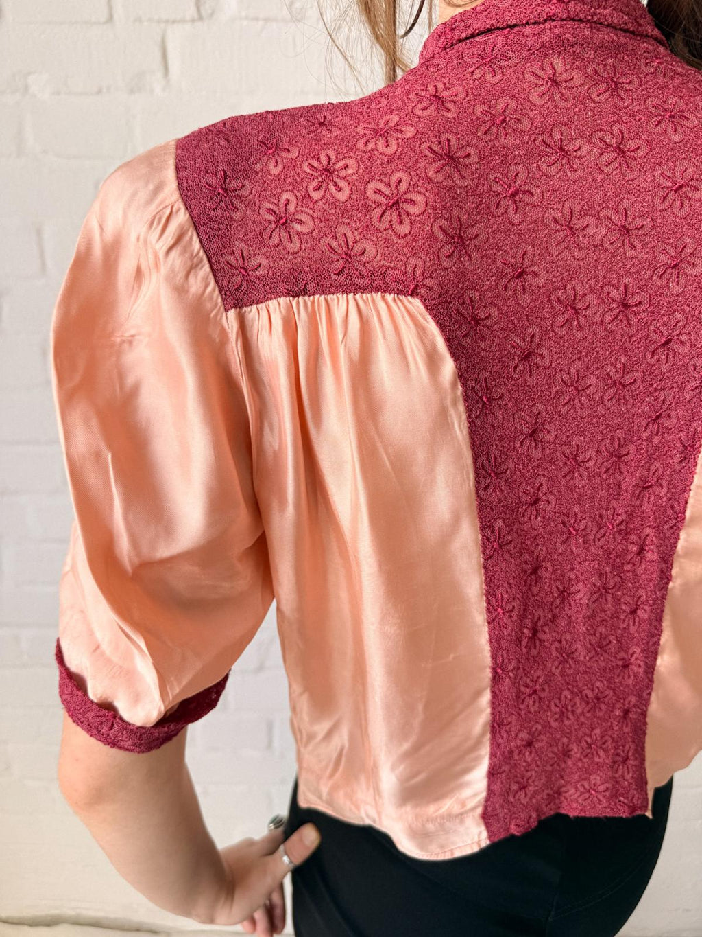 1930s Handmade Peach Satin & Embossed Floral Lace Blouse