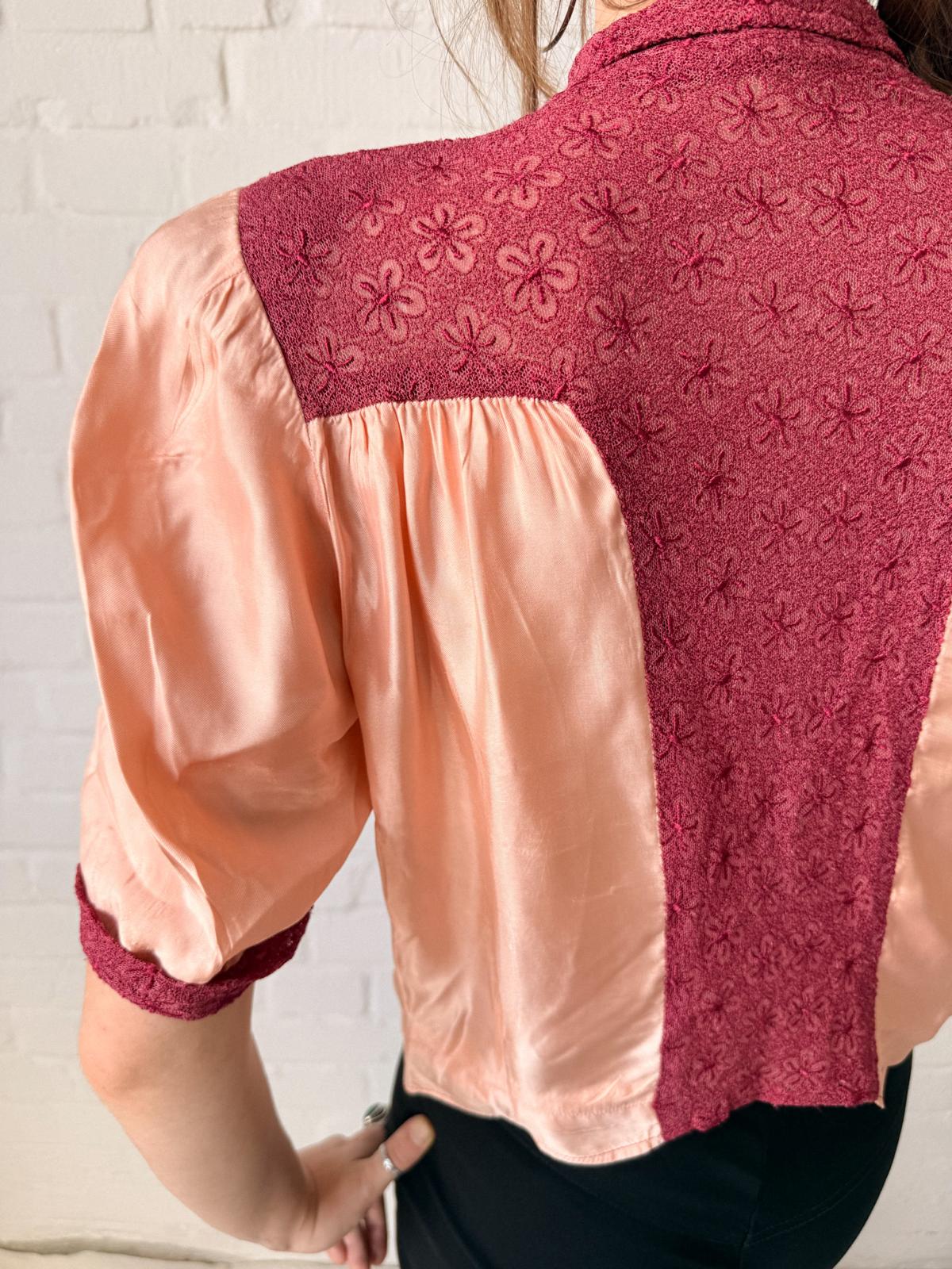 1930s Handmade Peach Satin & Embossed Floral Lace Blouse