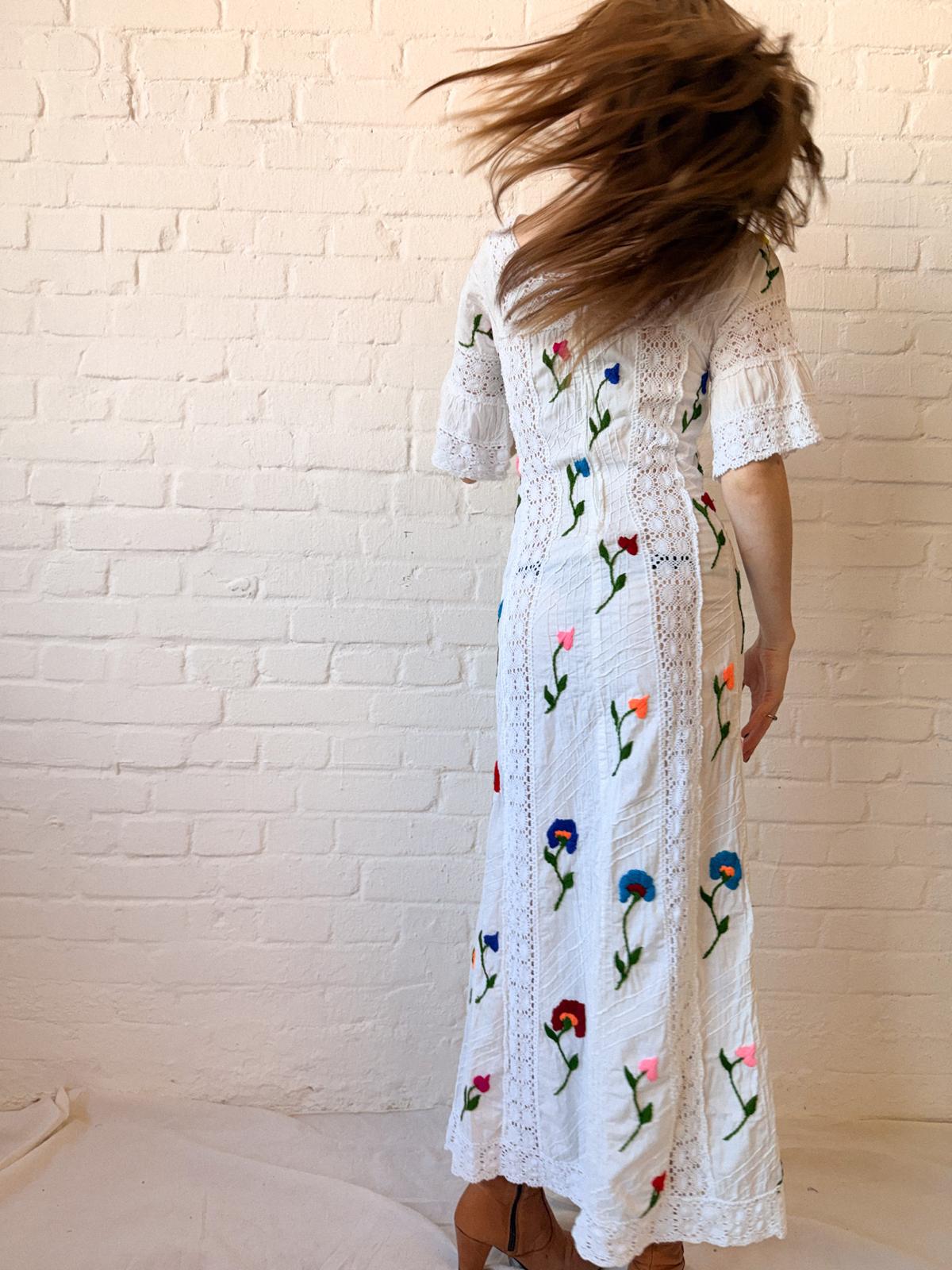 1970s Mexican-Style Embroidered Cotton & Crochet Maxi Dress