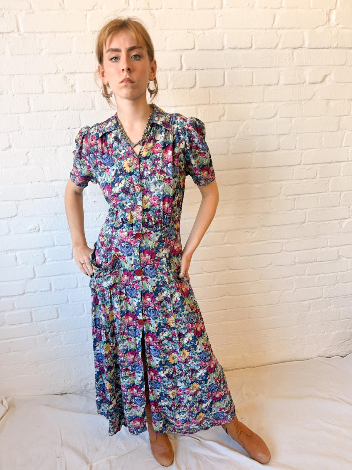 Rare 1940s Cotton Floral Maxi House / Tea Dress with Bakelite Buttons