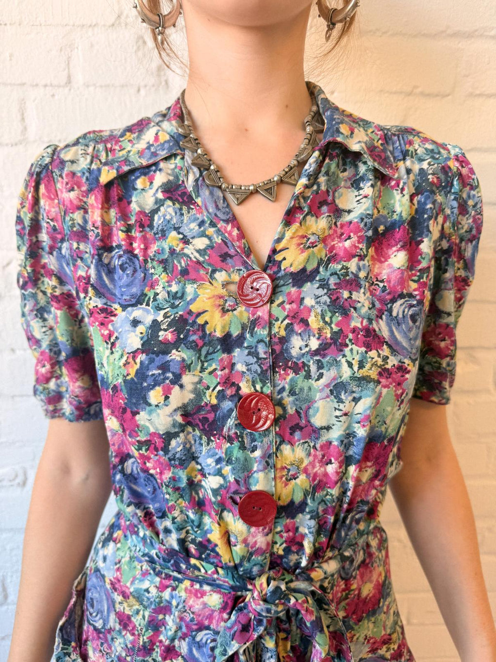 Rare 1940s Cotton Floral Maxi House / Tea Dress with Bakelite Buttons
