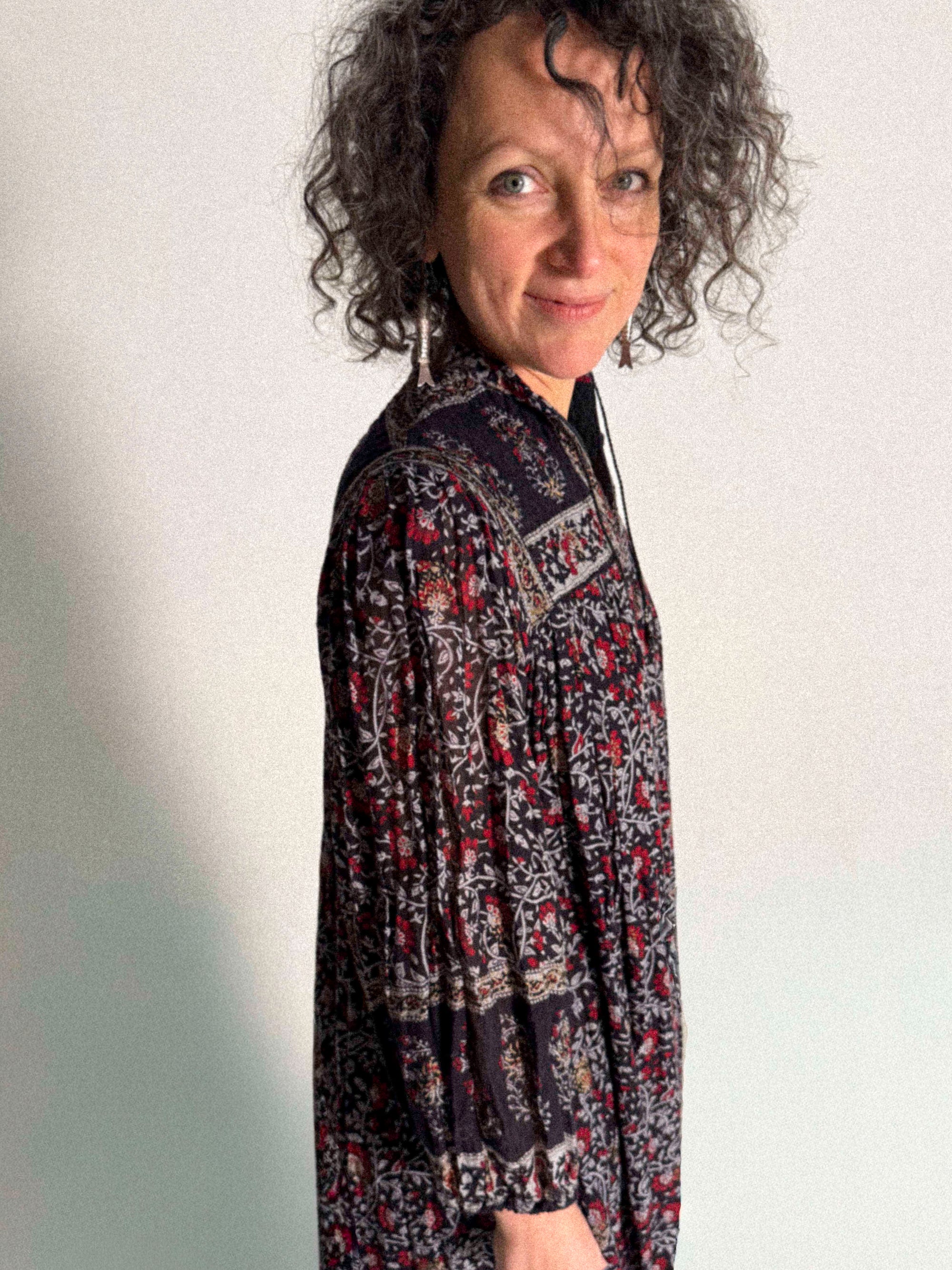 1970s Black Cotton Gauze Dress