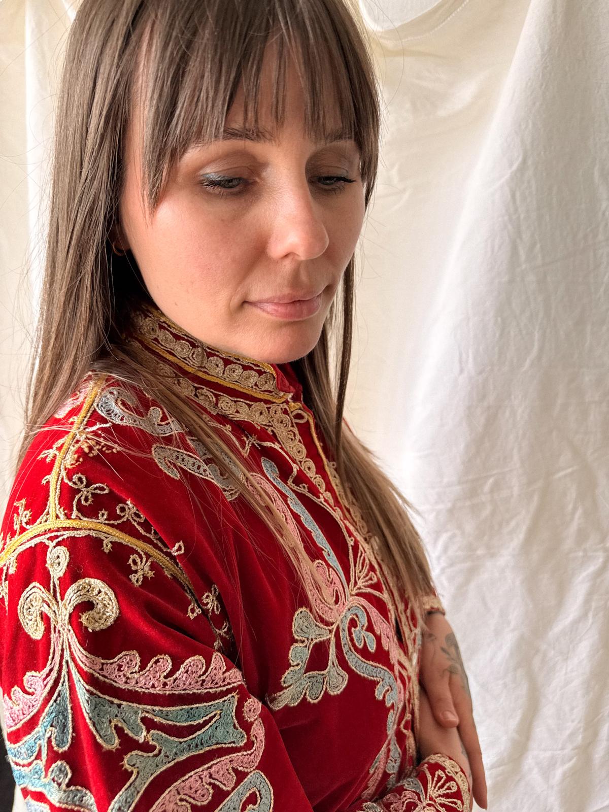 1970s Embellished Red Morroccan Velvet Caftan Coat