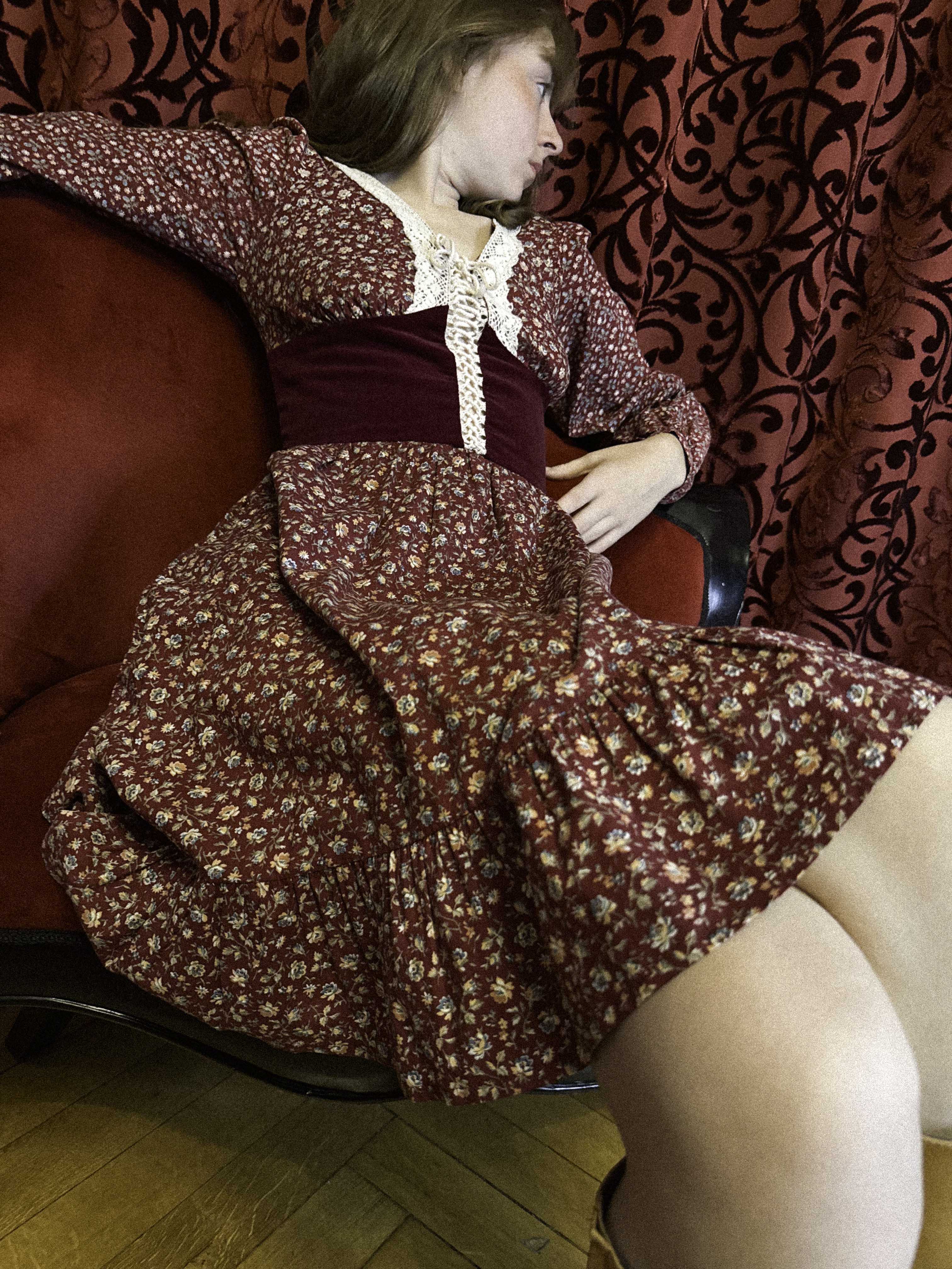 1970s Gunne Sax Prairie Dress in Burgundy Floral Cotton with Velvet Bodice