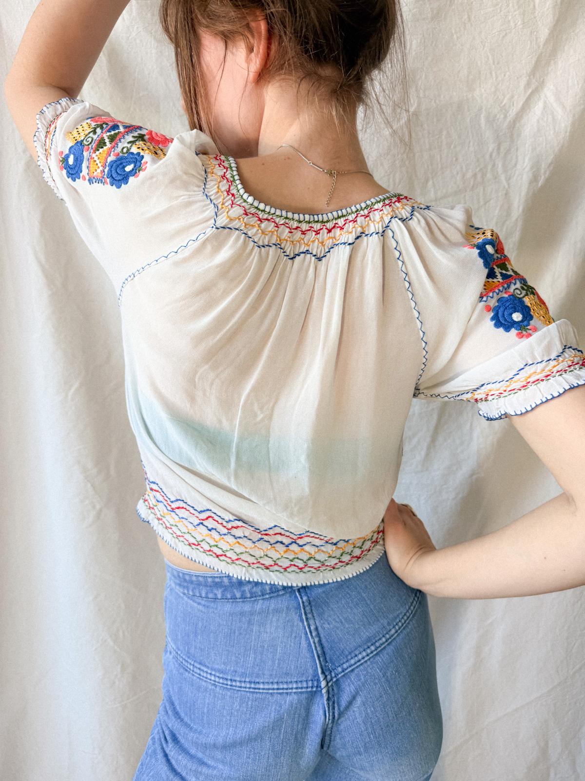 1930s–1940s Hand Embroidered Sheer Folk Blouse