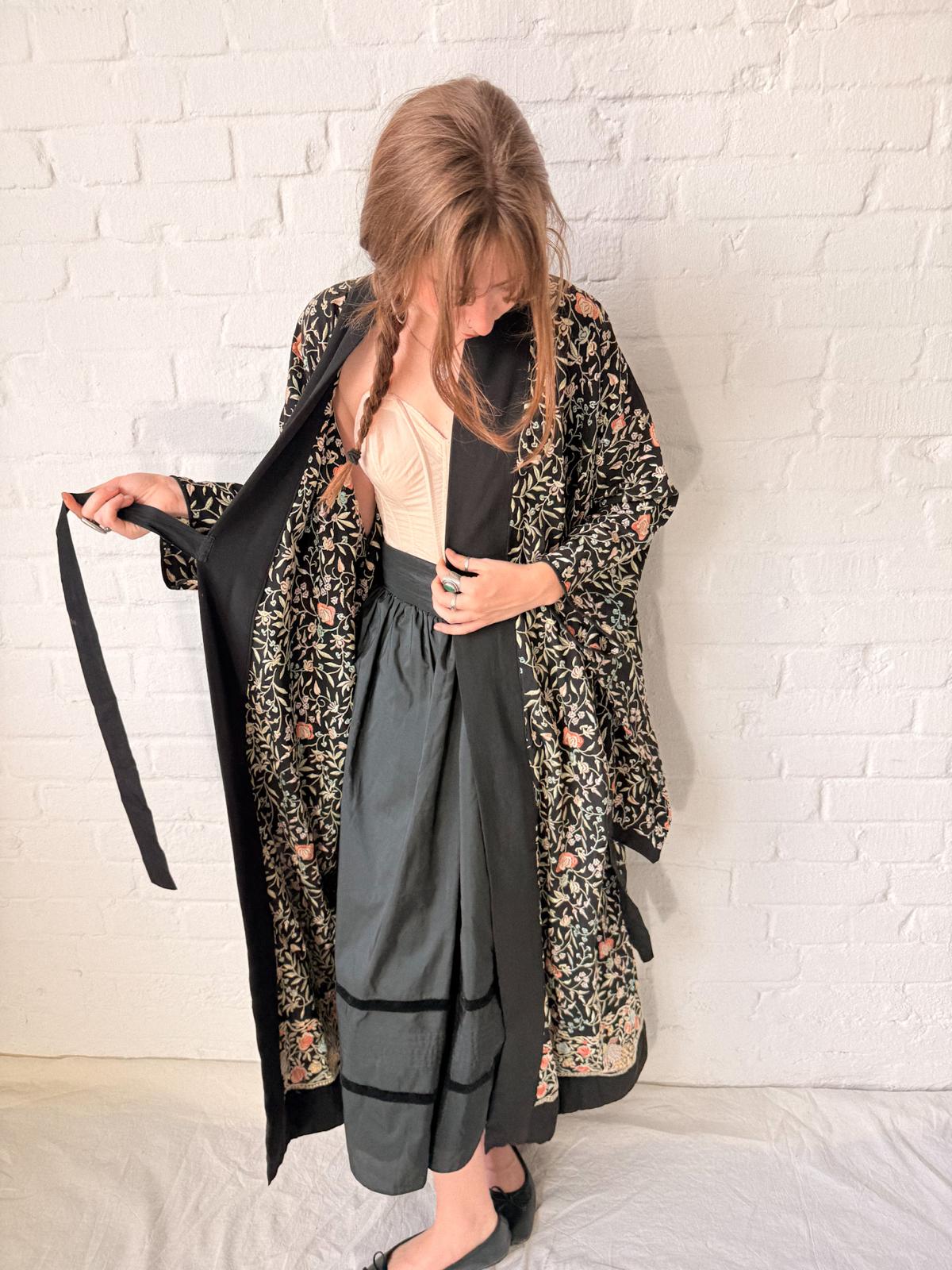 1920s Embroidered Peacock Hostess Kimono-Style Robe