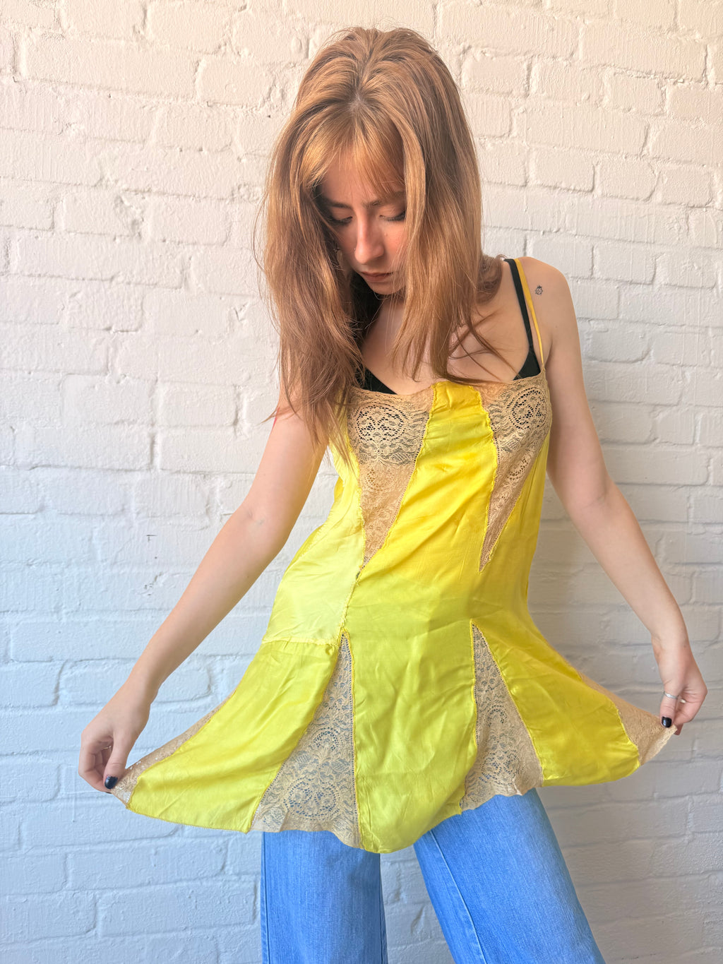 1920s Lemon Yellow Rayon Satin & Lace French Lingerie Slip