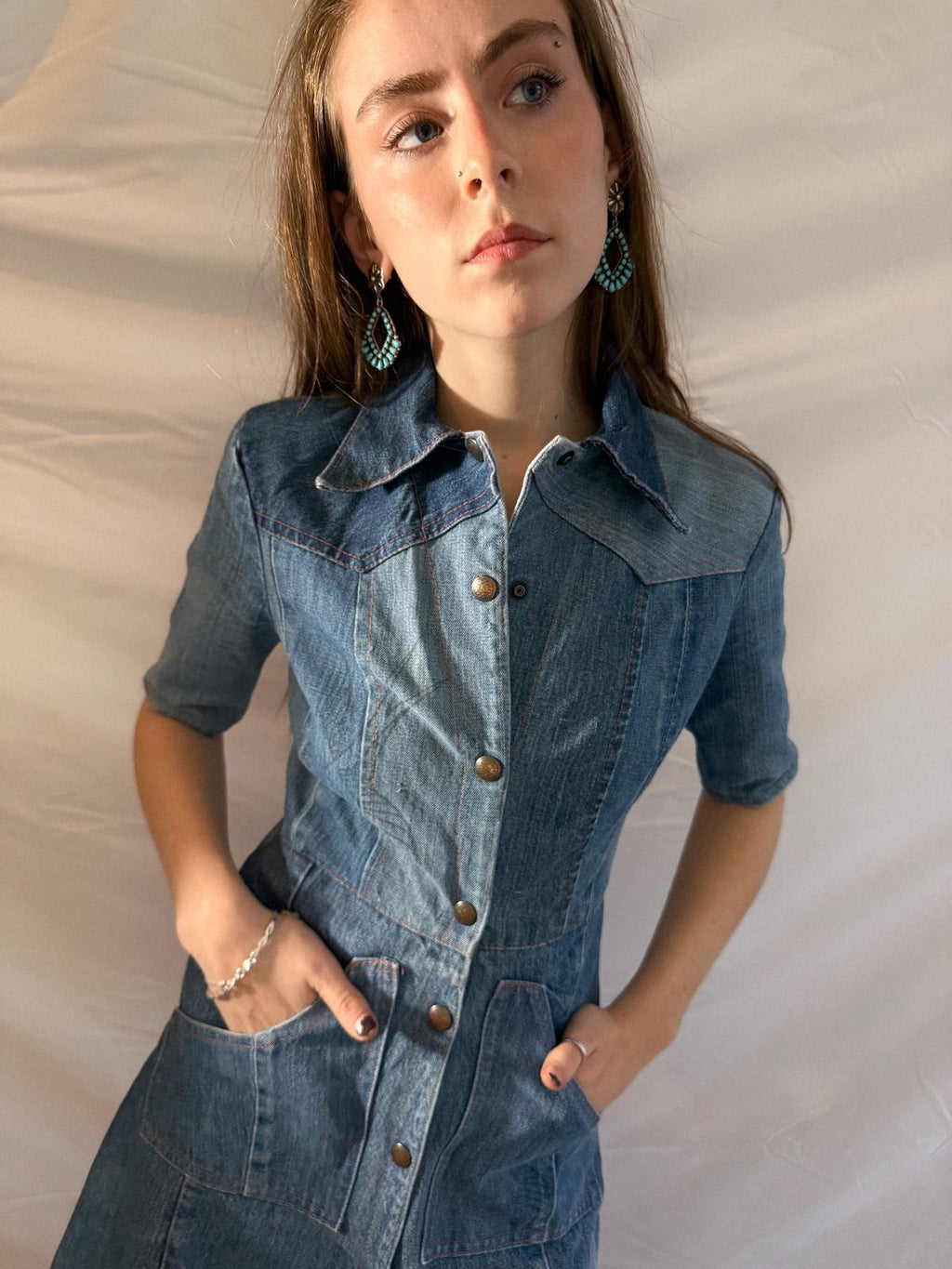 1970s Denim Dress in Heavy Cotton with Western Paneling and Swallow Motif