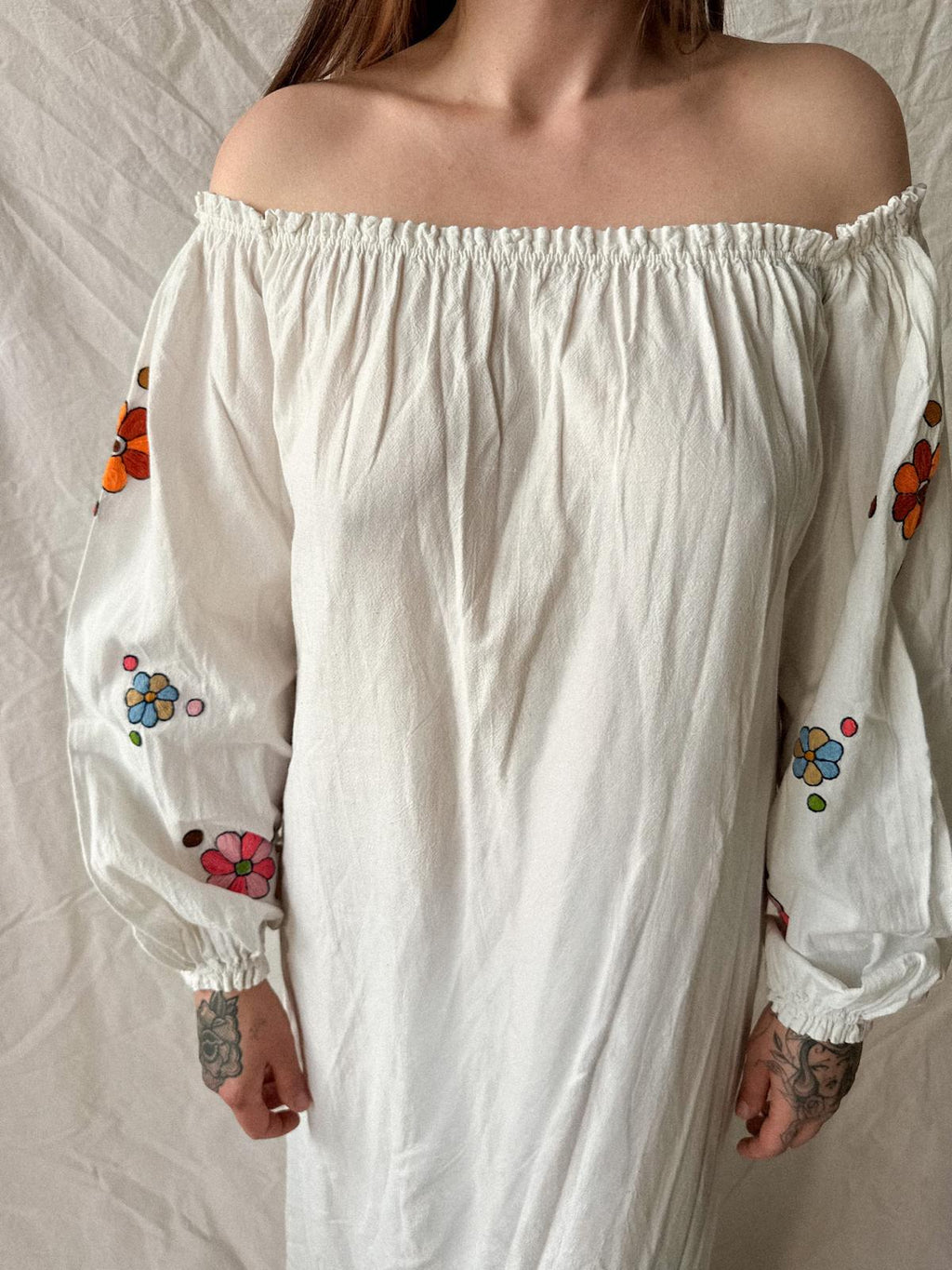 1970s Ecuadorian Embroidered Cotton Peasant Dress, Off Shoulder Prairie Maxi, White Folk Dress