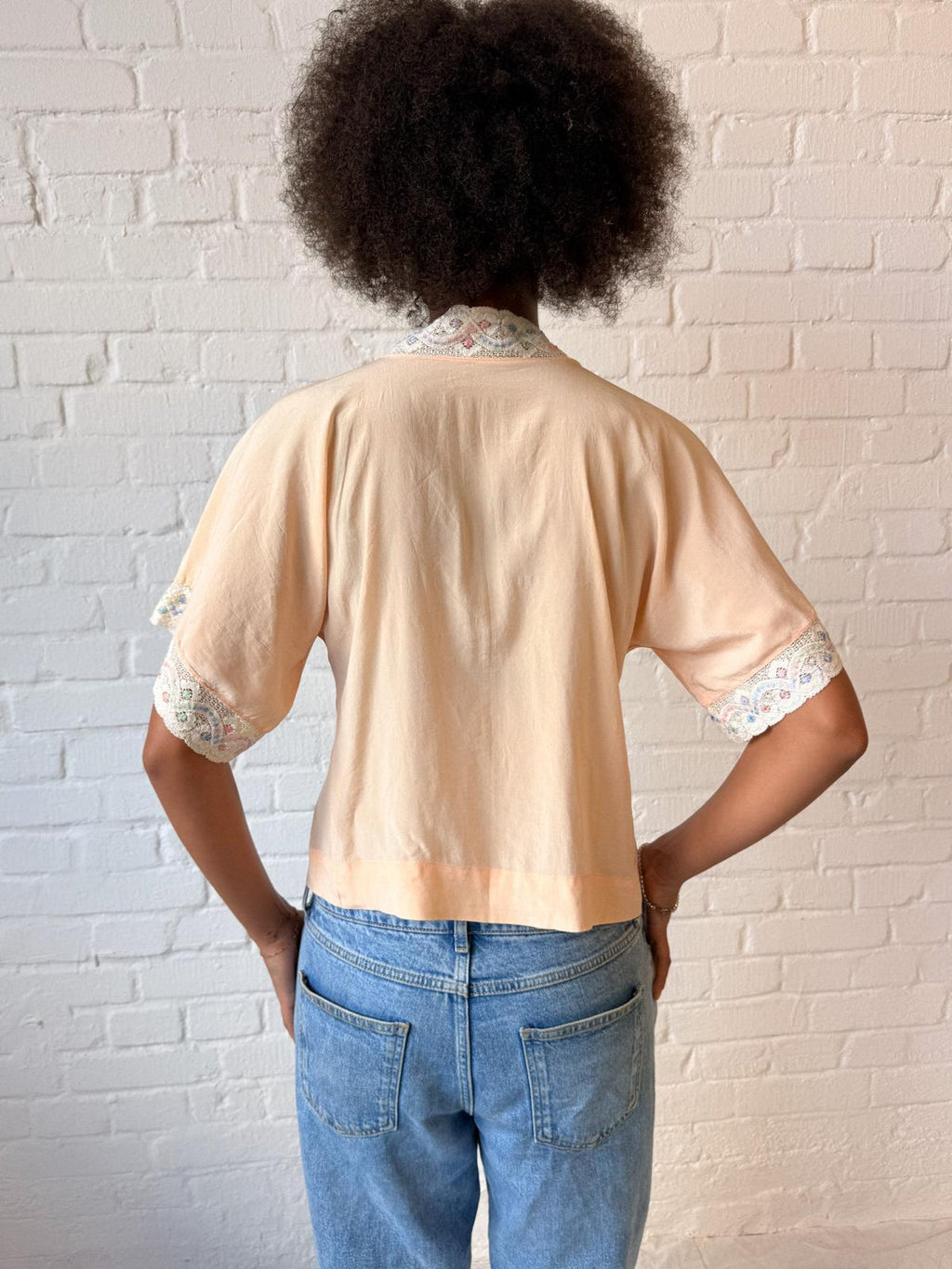 1940s Peach Silk Bed Jacket with Pastel Floral Lace