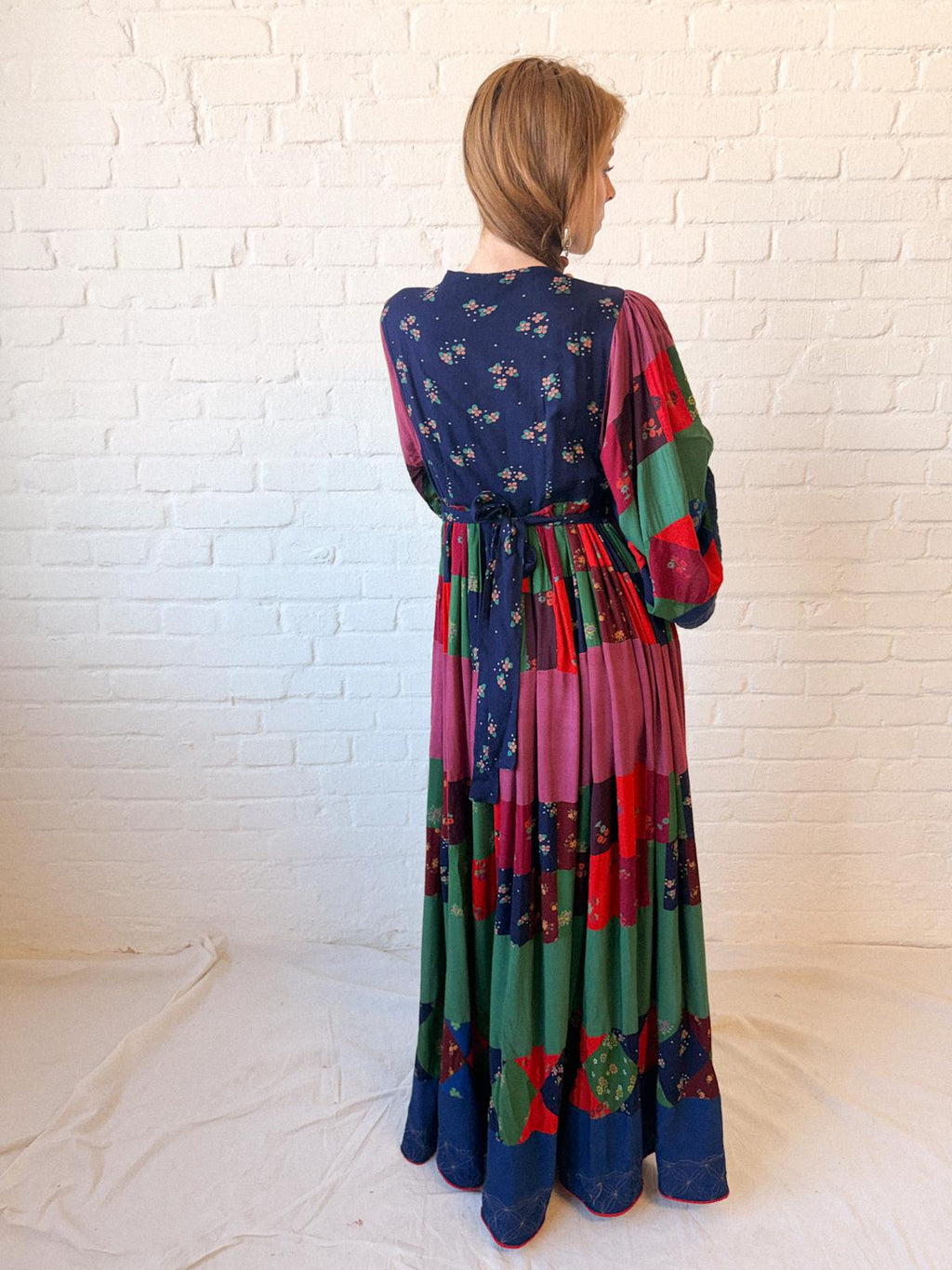 1970s Afghan-Style Patchwork Maxi Dress with Mirrorwork Embroidered Bodice