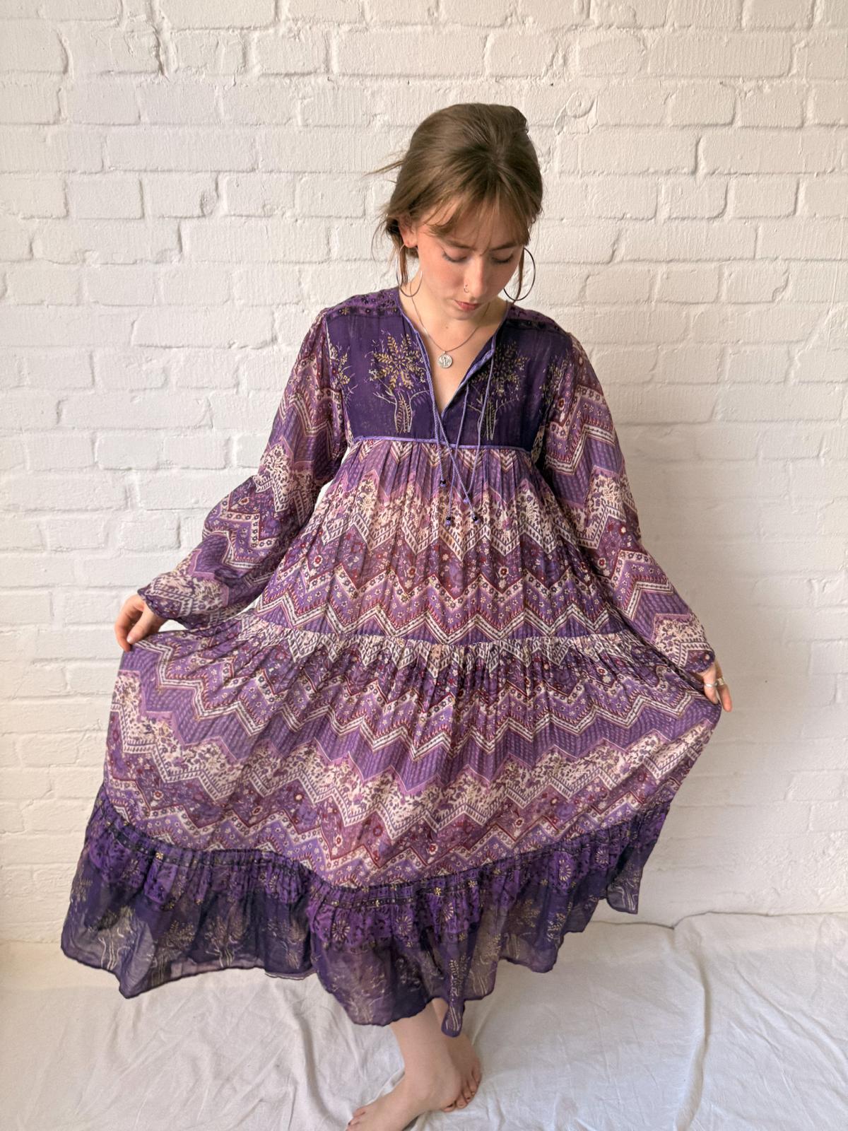1970s Indian Cotton Gauze Maxi Dress with Tree Print and Gold Stamped Details