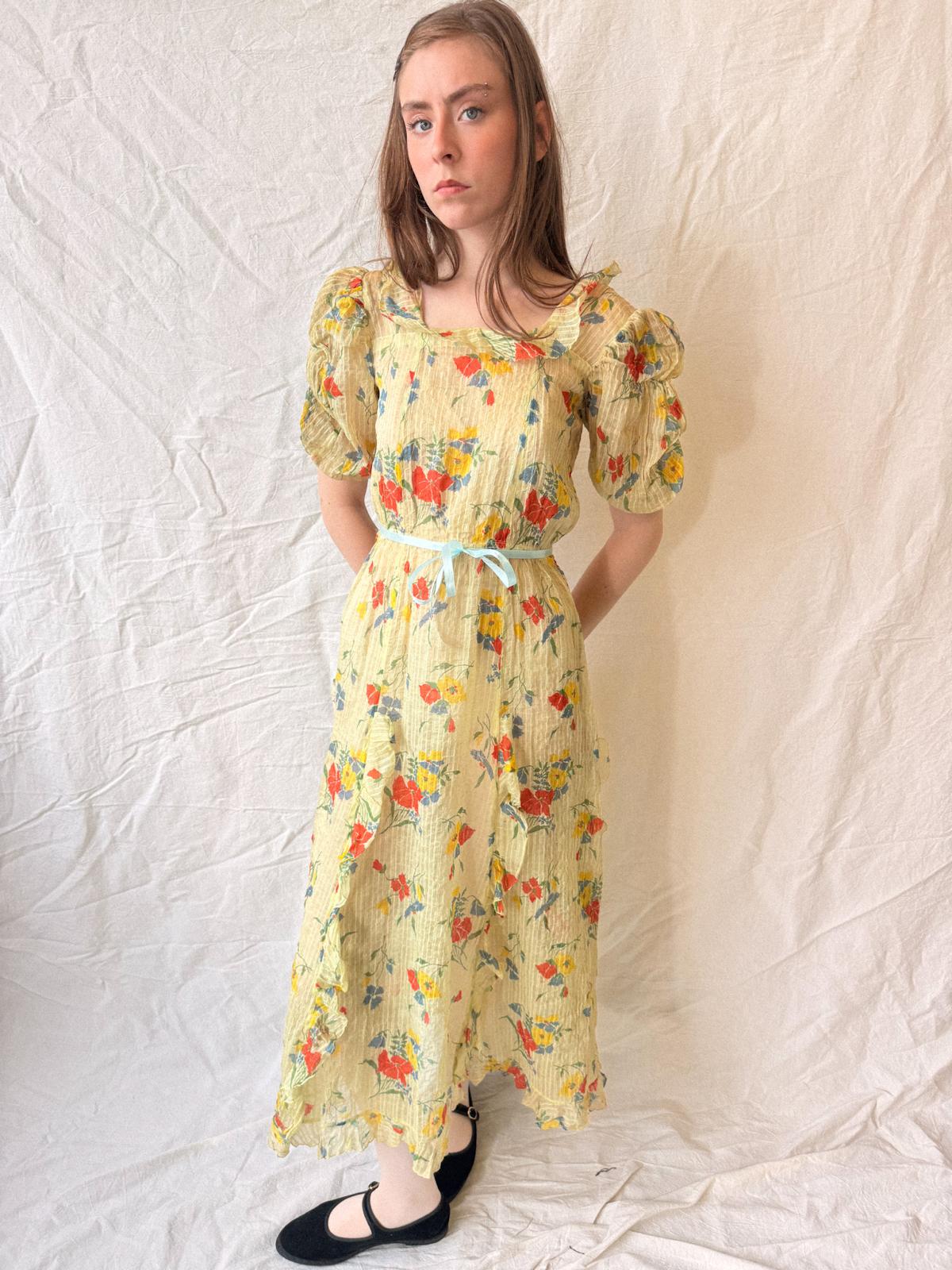 1930s Semi-Sheer Crinkled Rayon Taffeta Party Dress